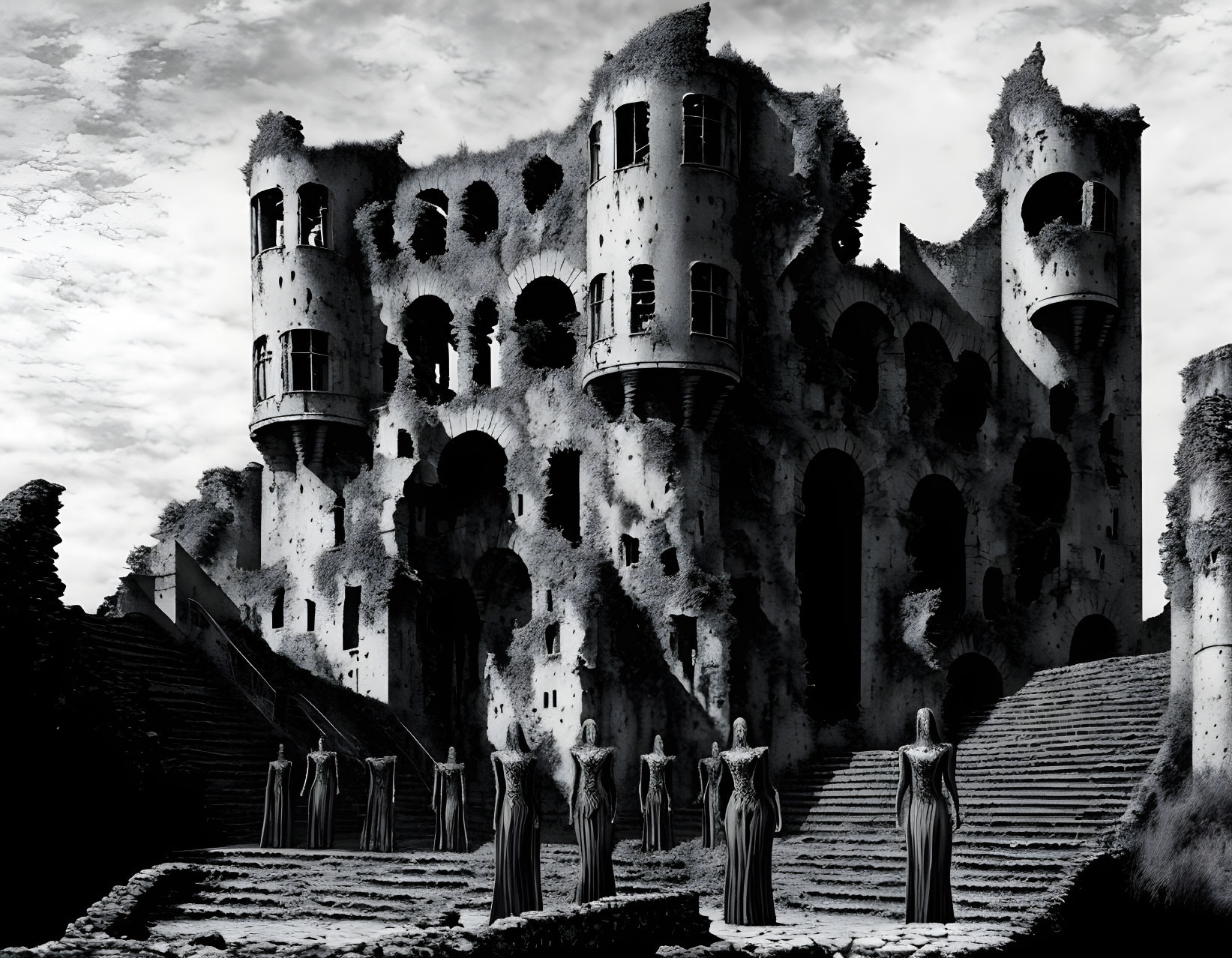 Eerie black and white photo of abandoned castle with arches and statues