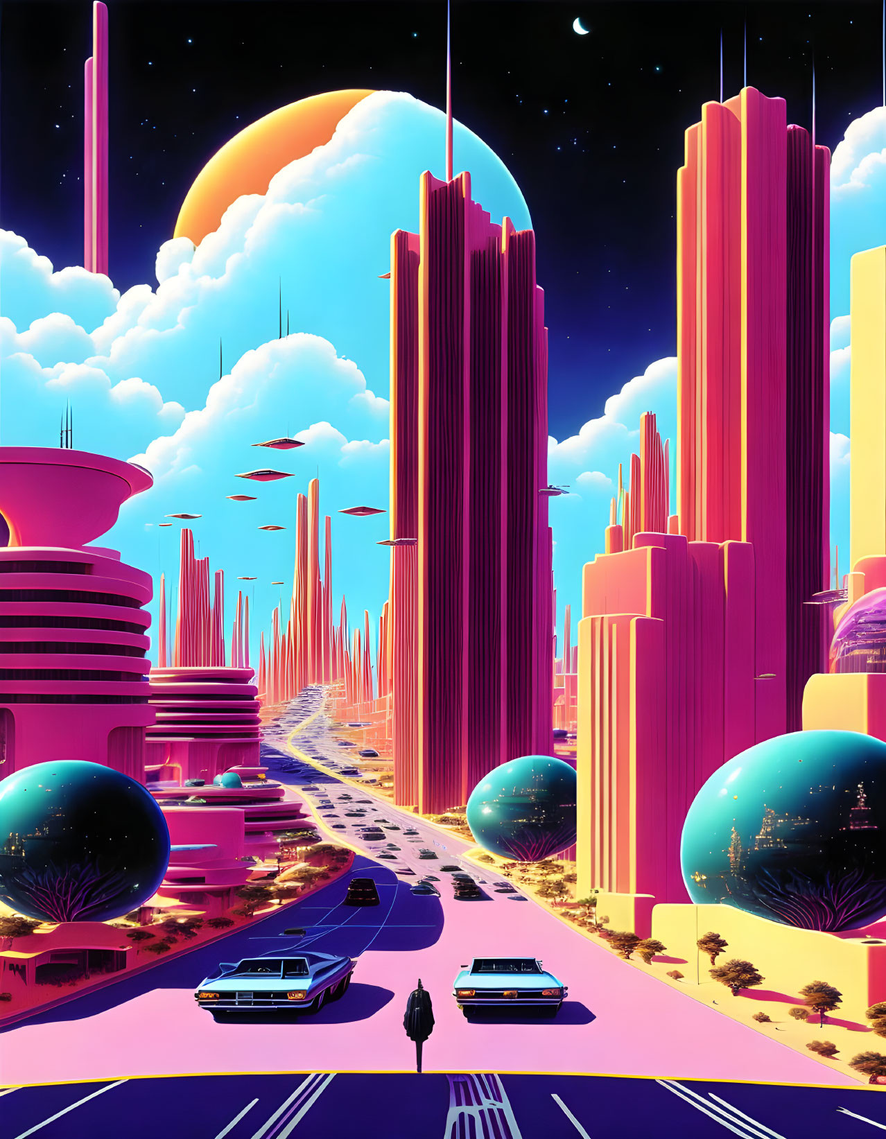 Colorful retro-futuristic cityscape with towering buildings, classic cars, and orange moon.