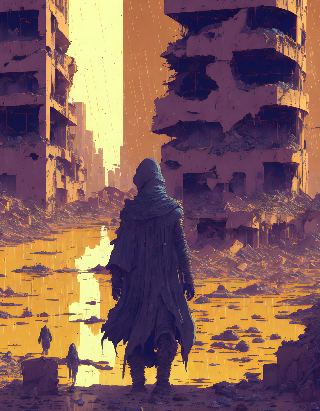 Cloaked Figure in Apocalyptic Ruins Under Golden Sky