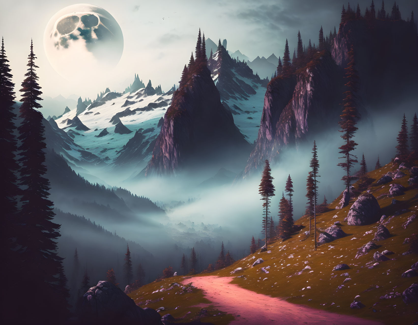 Twilight landscape with full moon, mountains, trees, valley, and winding path