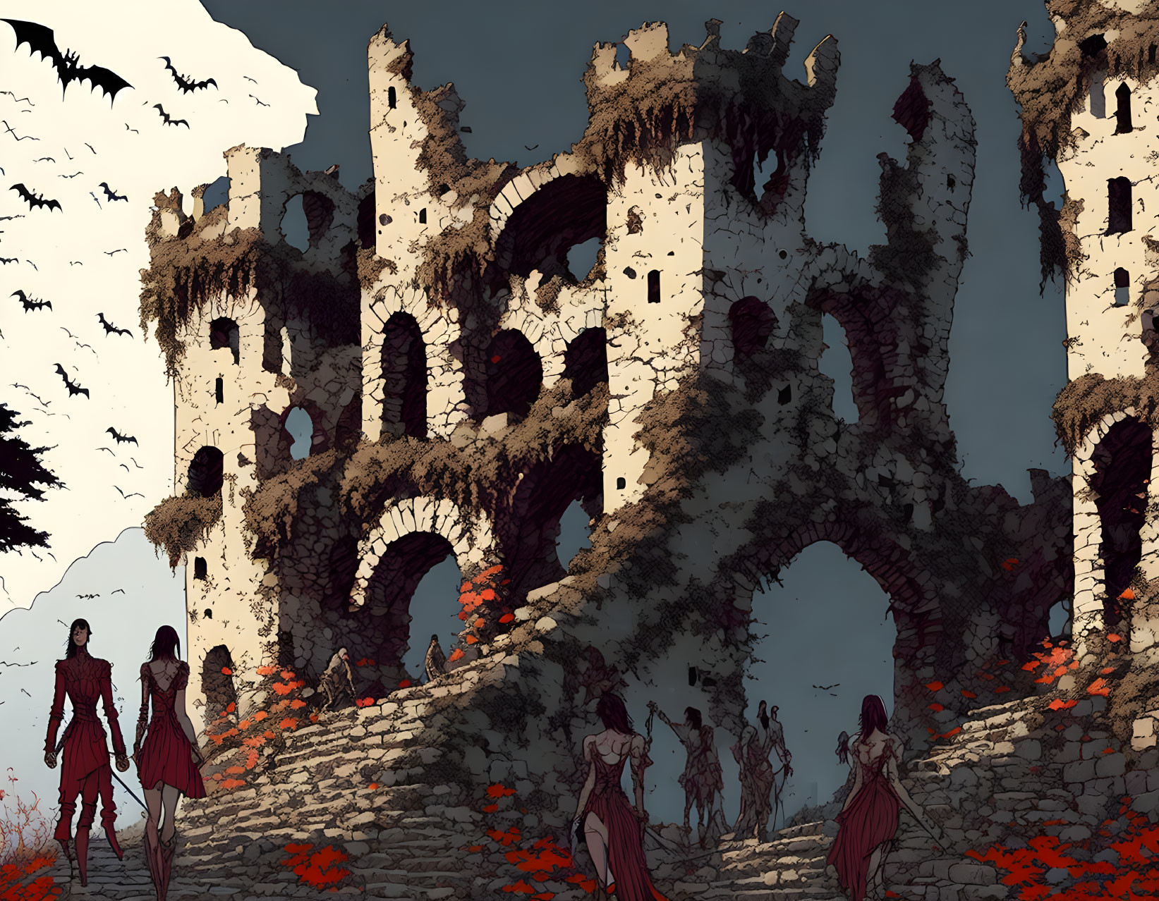 Medieval castle ruins with arched gateways, bats in the sky, and figures in red clo