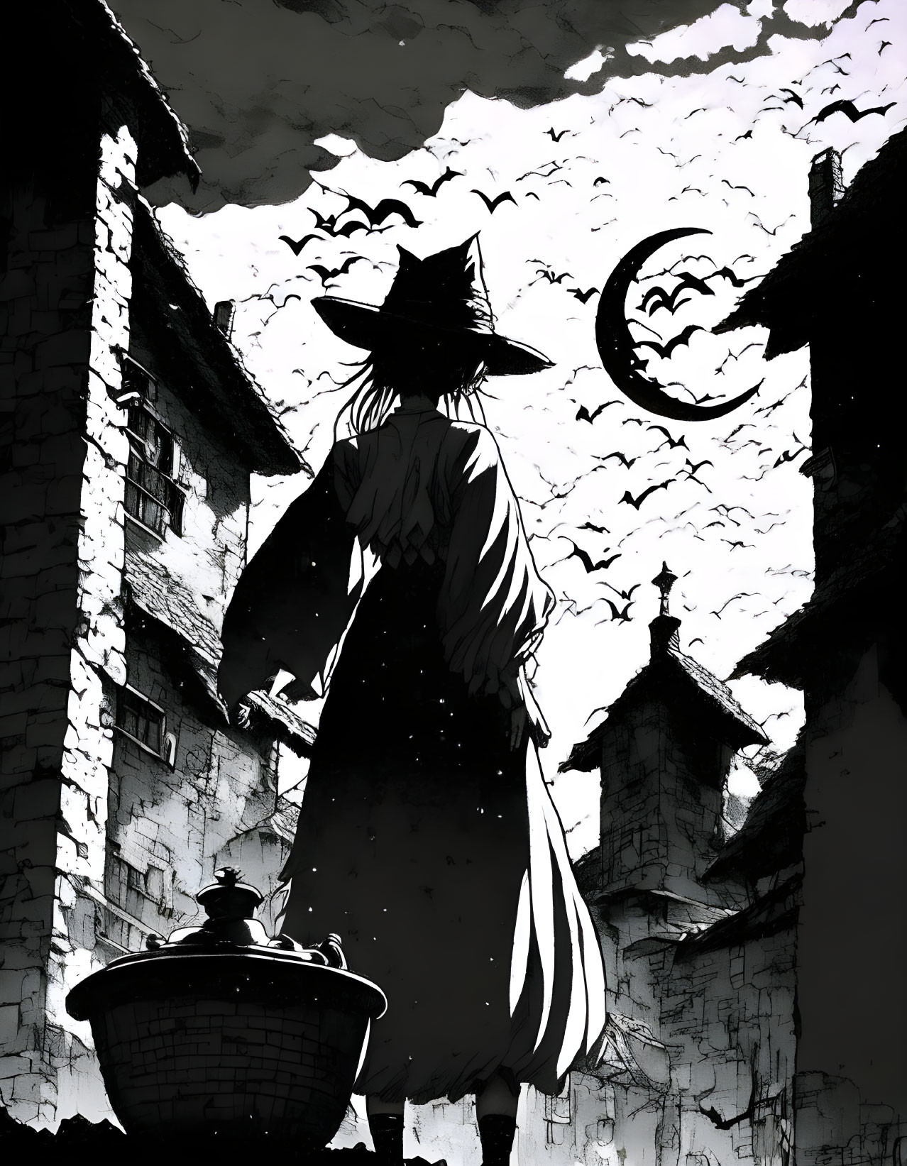 Monochrome illustration of cloaked figure in alleyway under crescent moon