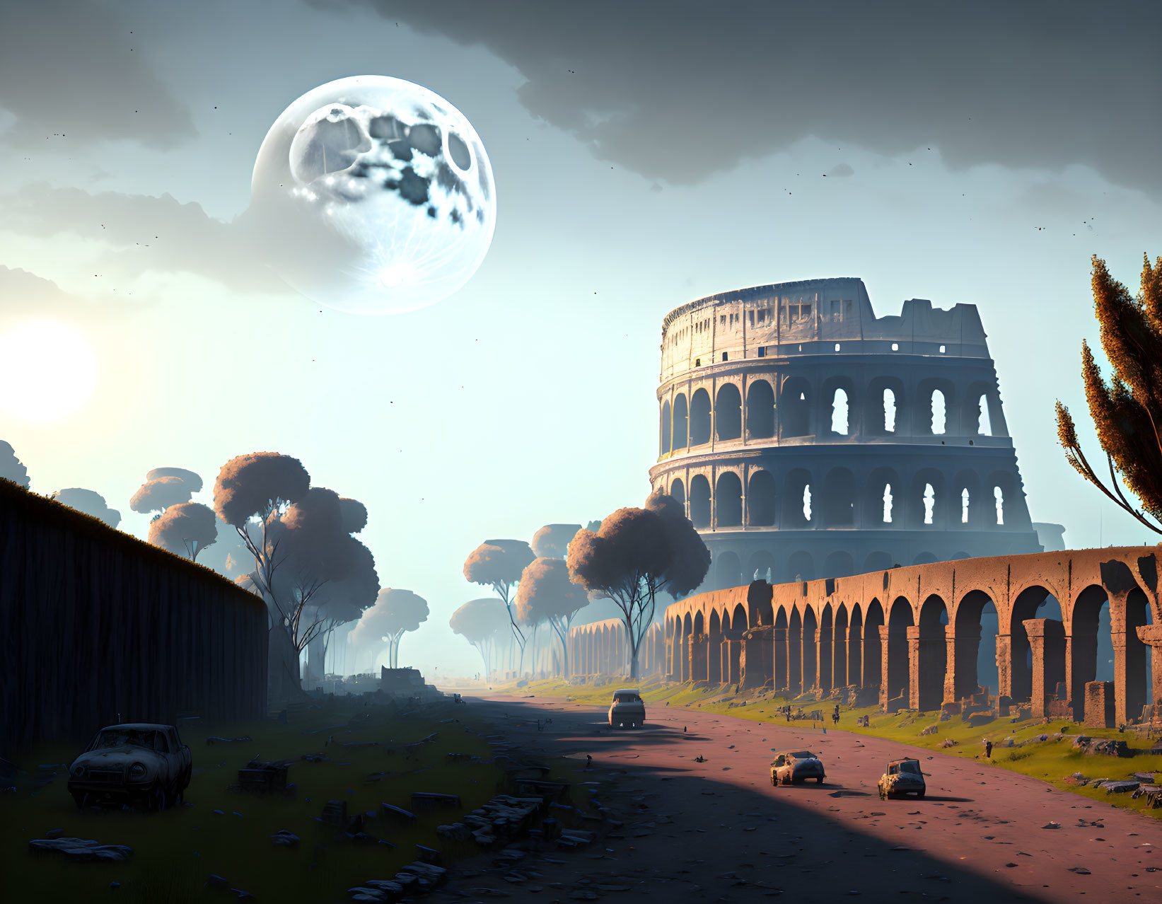 Surreal landscape with Colosseum, moon, sun, abandoned cars, and desolate