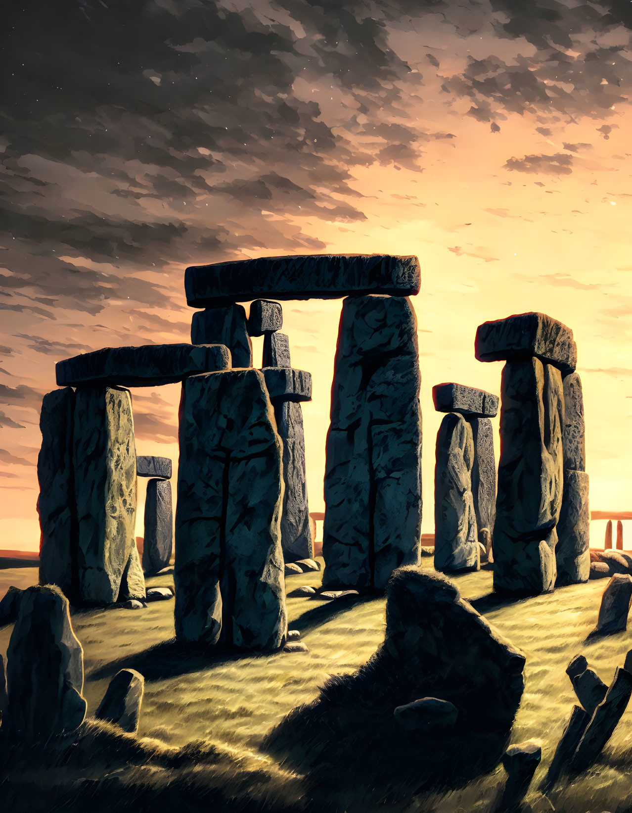 Stonehenge landscape with towering stones under orange sunset sky