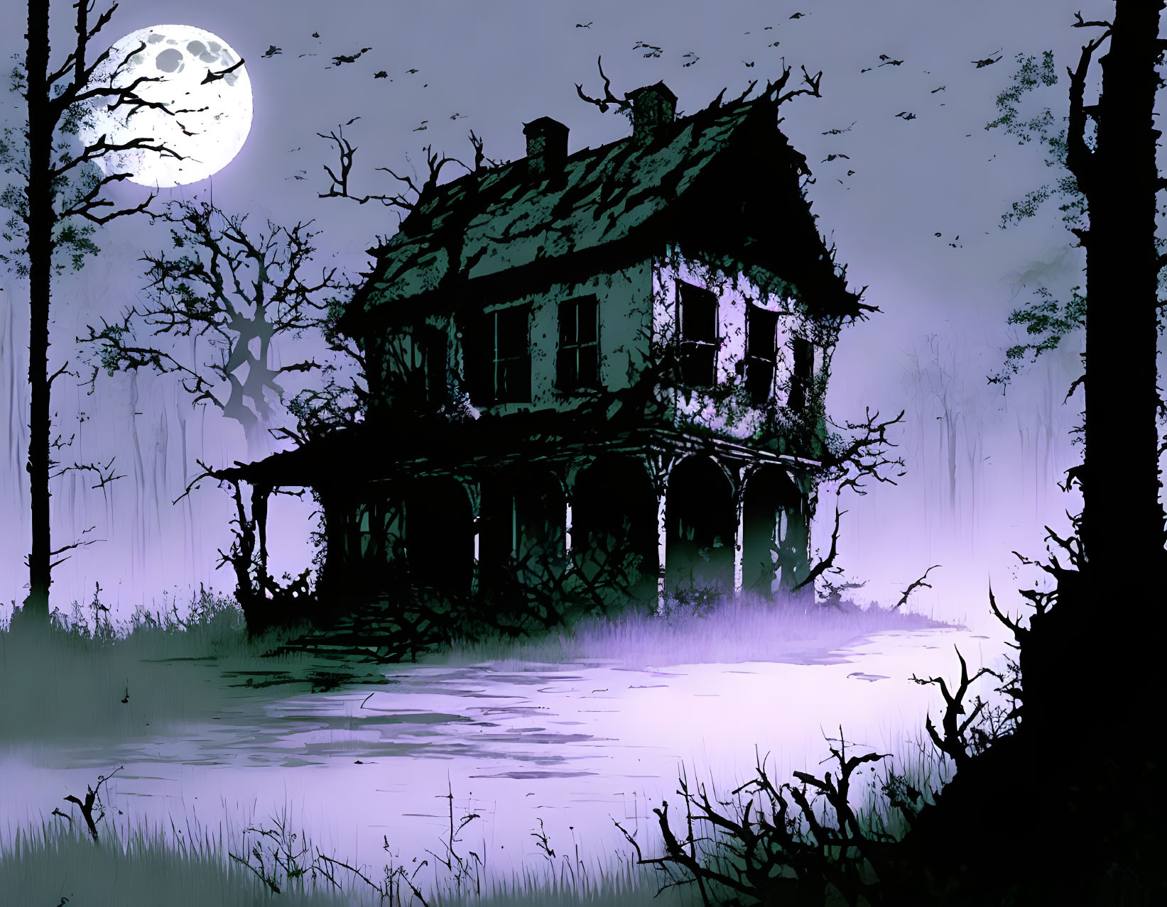 Spooky abandoned house in misty moonlit landscape