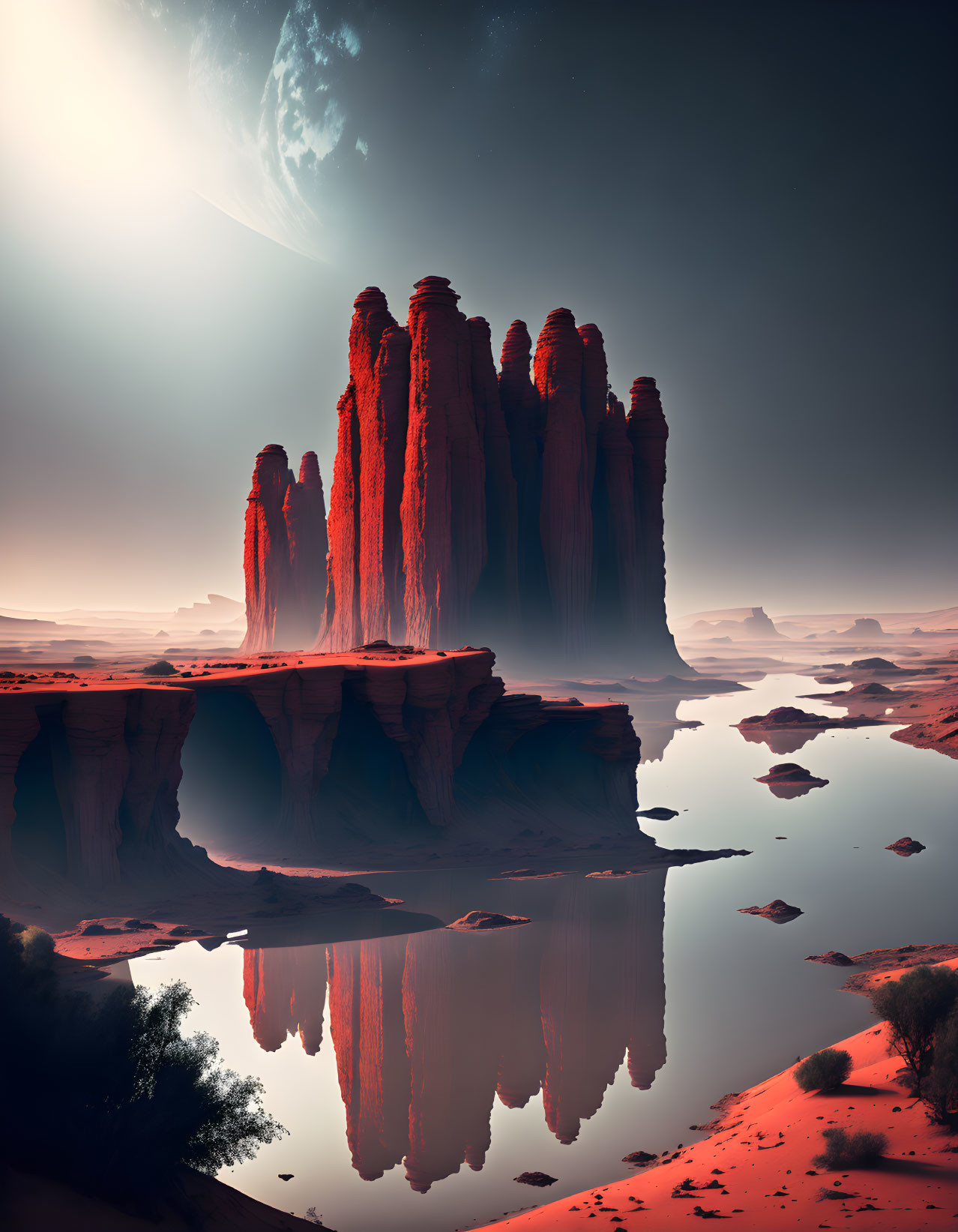 Alien landscape with red rock formations and large planet in dusky sky