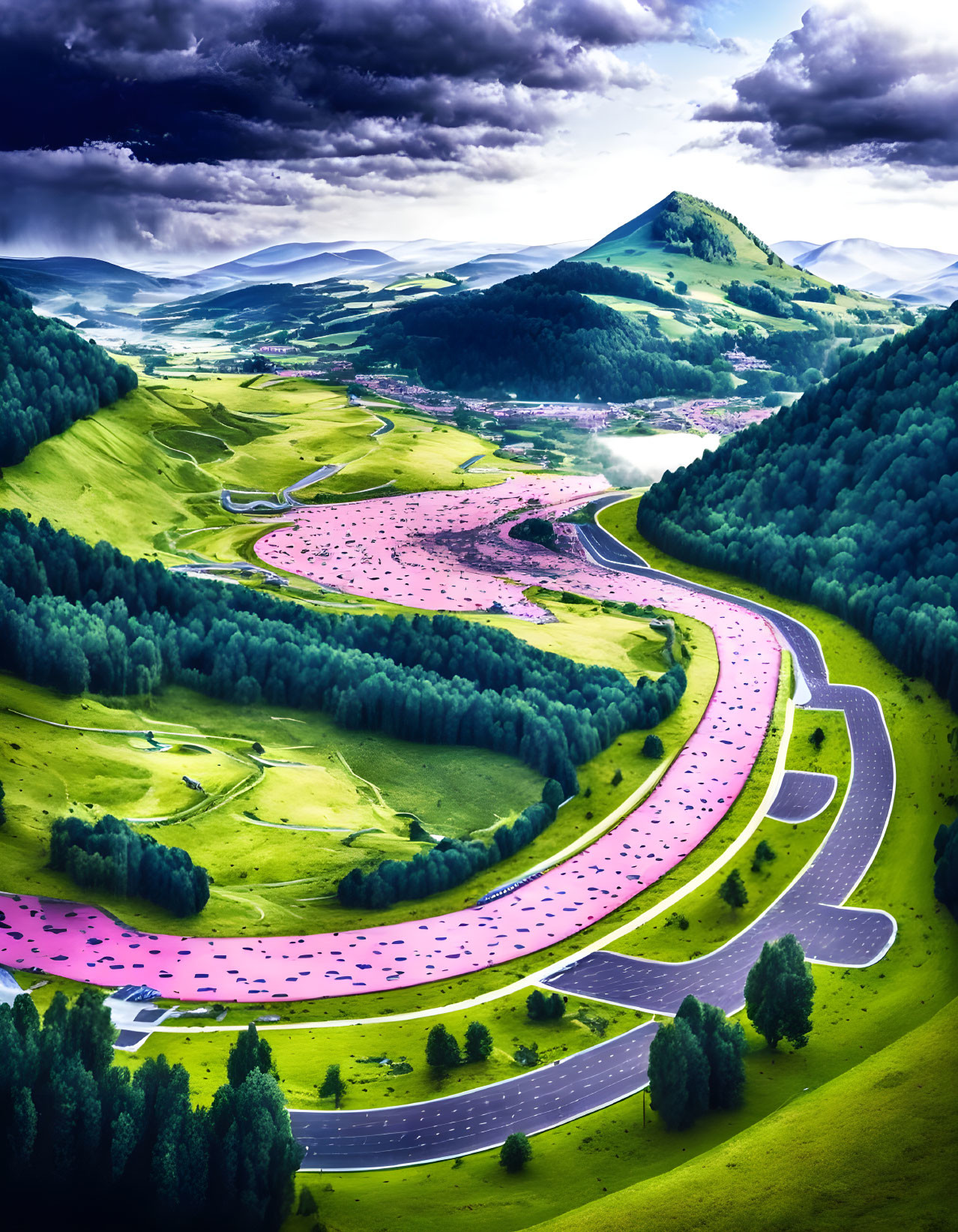 Scenic landscape with winding road, green meadows, pink flora, river, mountains, and dramatic