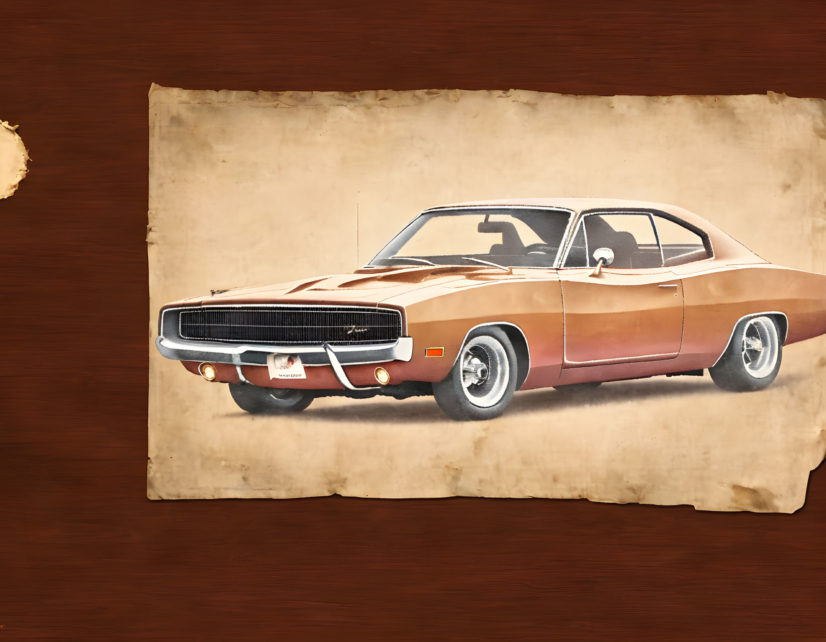 Illustration of Vintage Orange Muscle Car on Weathered Paper