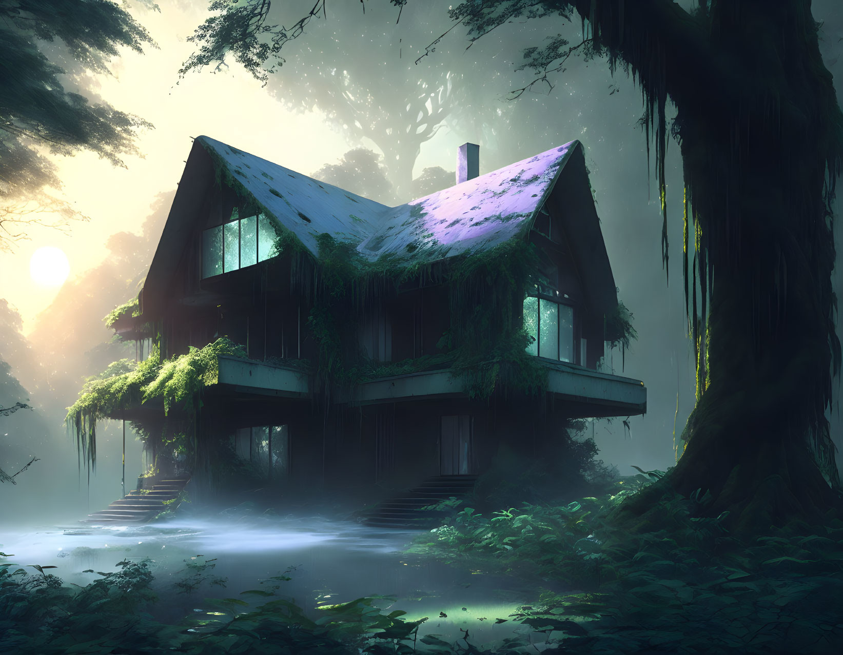 Moss-covered house in misty forest with sunbeams