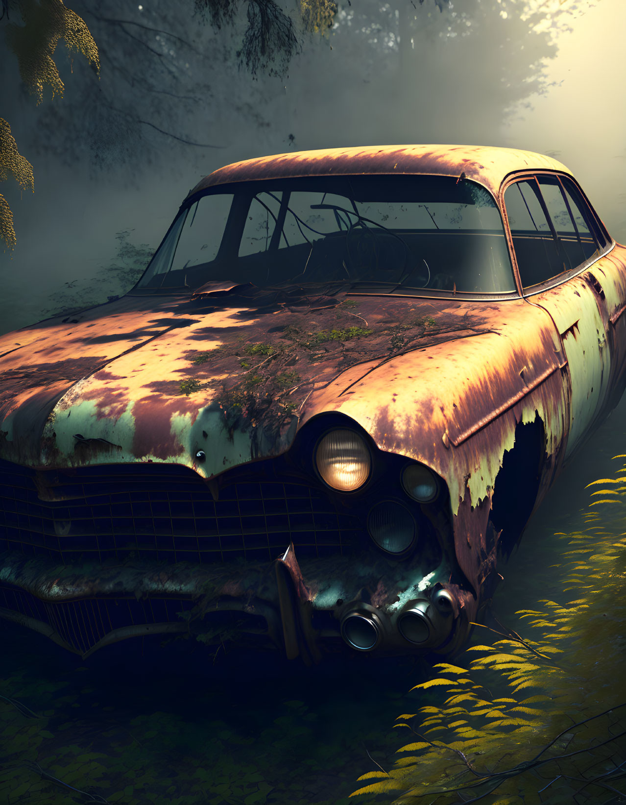 Abandoned rusty car in foggy forest with overgrown vegetation