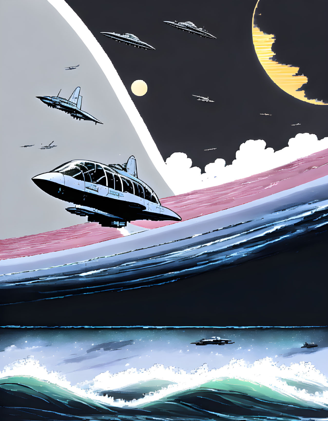 Futuristic spacecraft above vibrant ocean with ships, moon, and planets