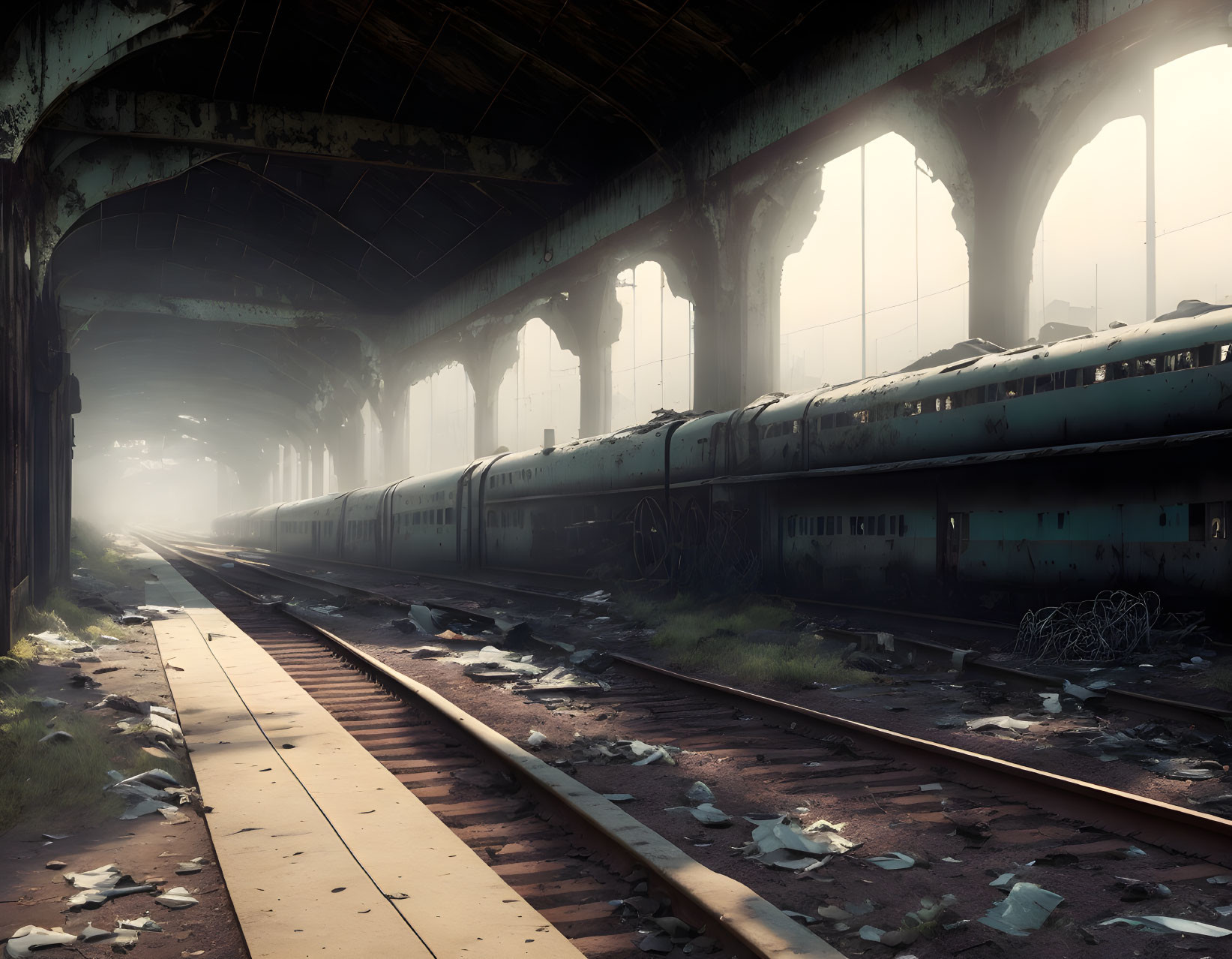 Derelict passenger train in abandoned sunlit station.