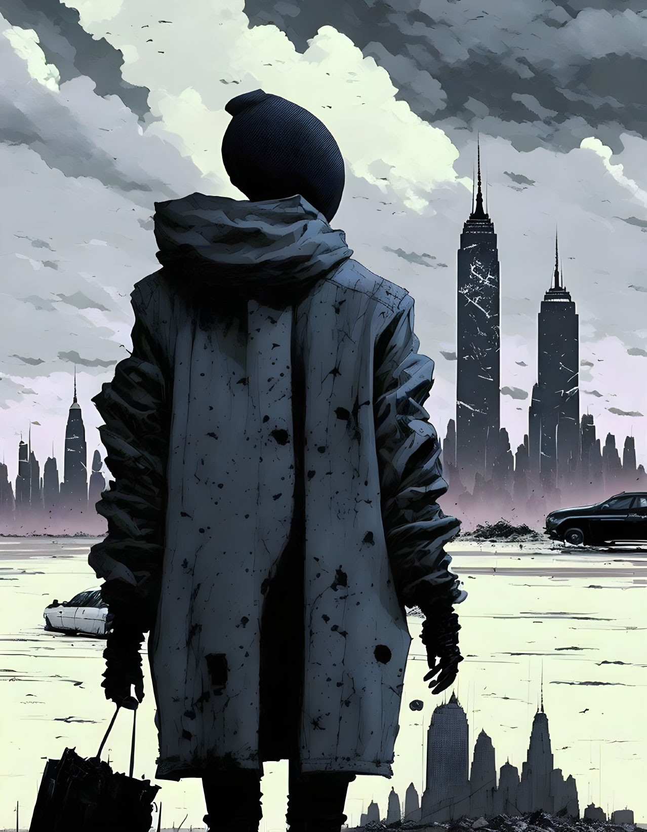 Person in coat and beanie in front of dystopian cityscape with submerged cars and dark buildings under