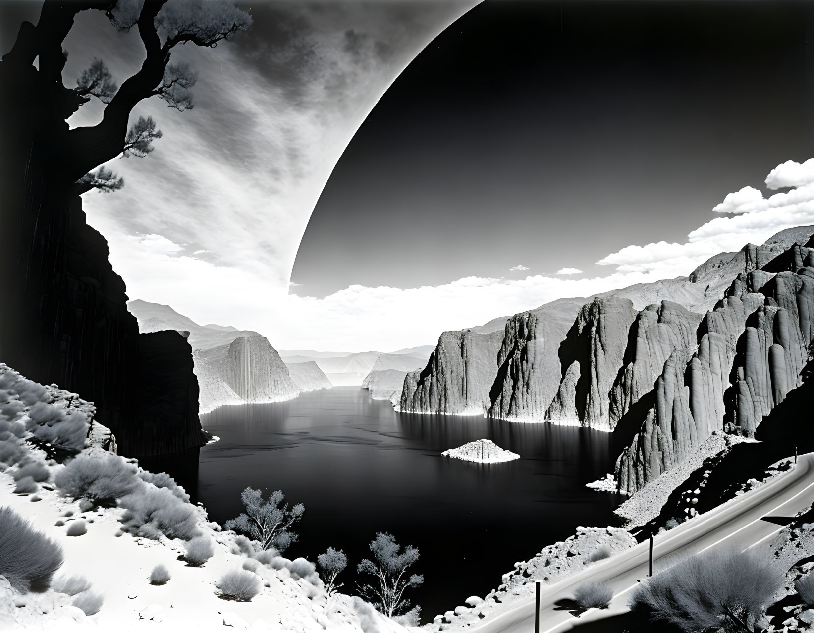 Monochrome fantasy landscape with large planet over serene lake