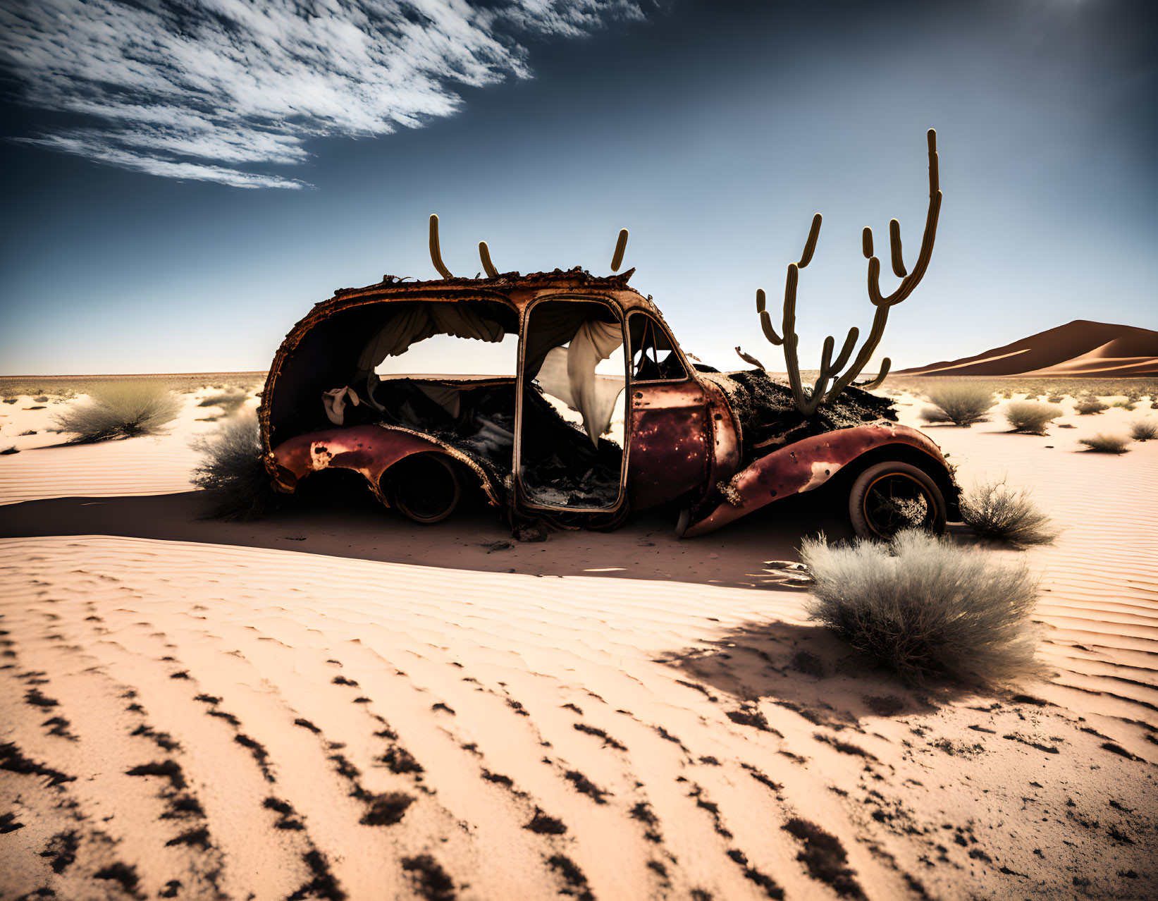 Abandoned rusty car buried in desert sand with cacti and dunes under dramatic sky