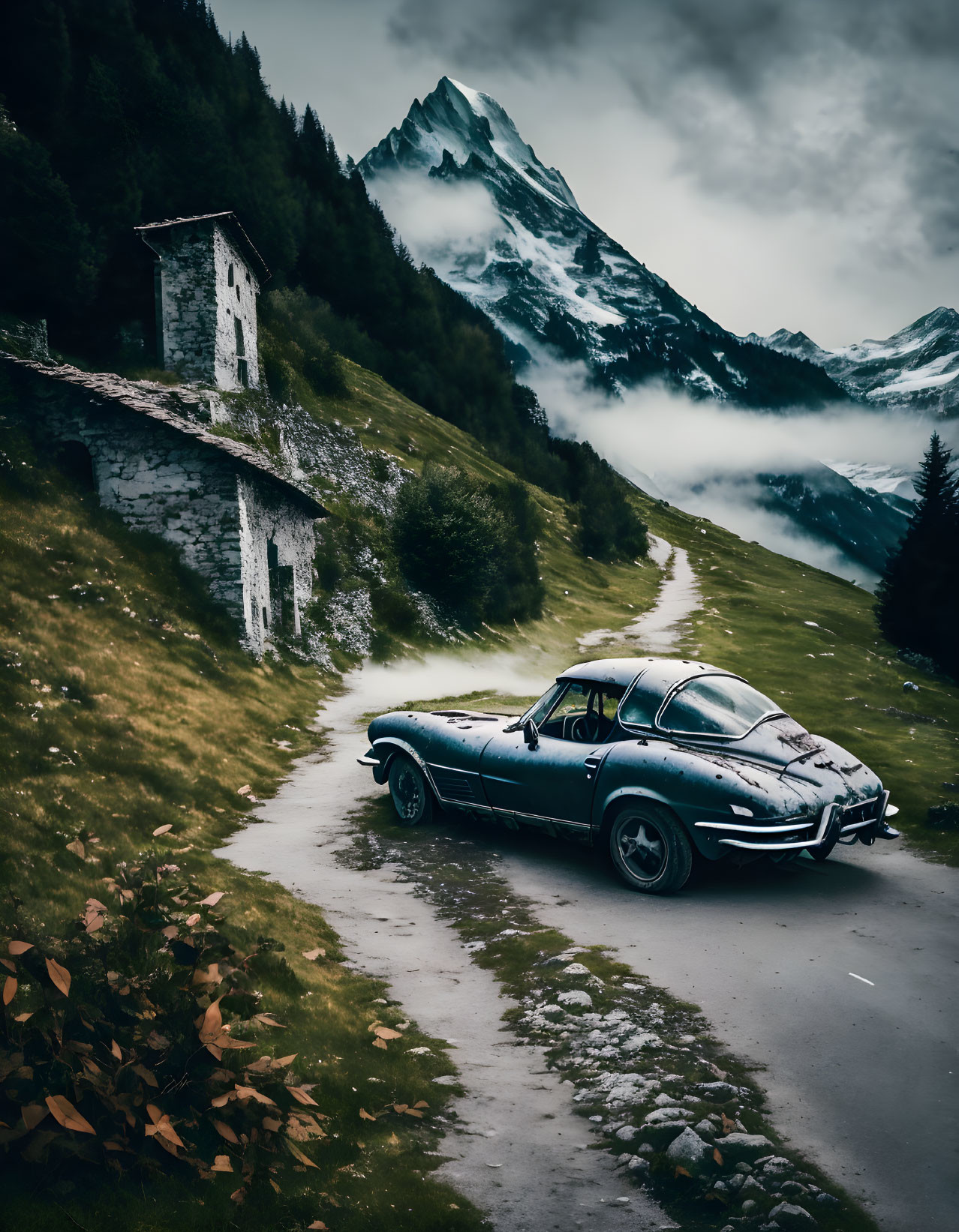 Vintage Car on Mountain Road with Old Stone Building and Misty Alpine Peaks