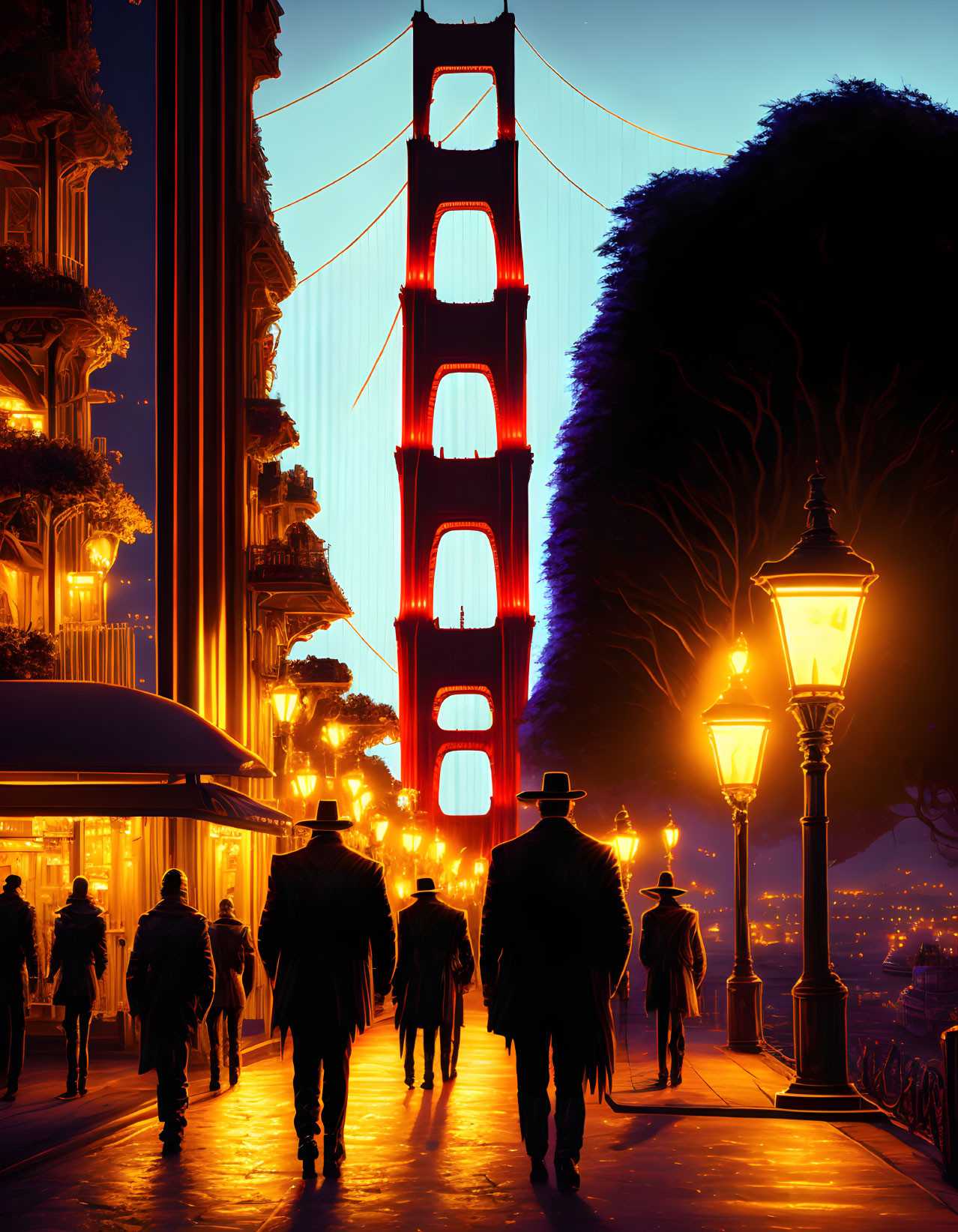 Vibrant dusk street scene with silhouetted pedestrians and illuminated Golden Gate Bridge.