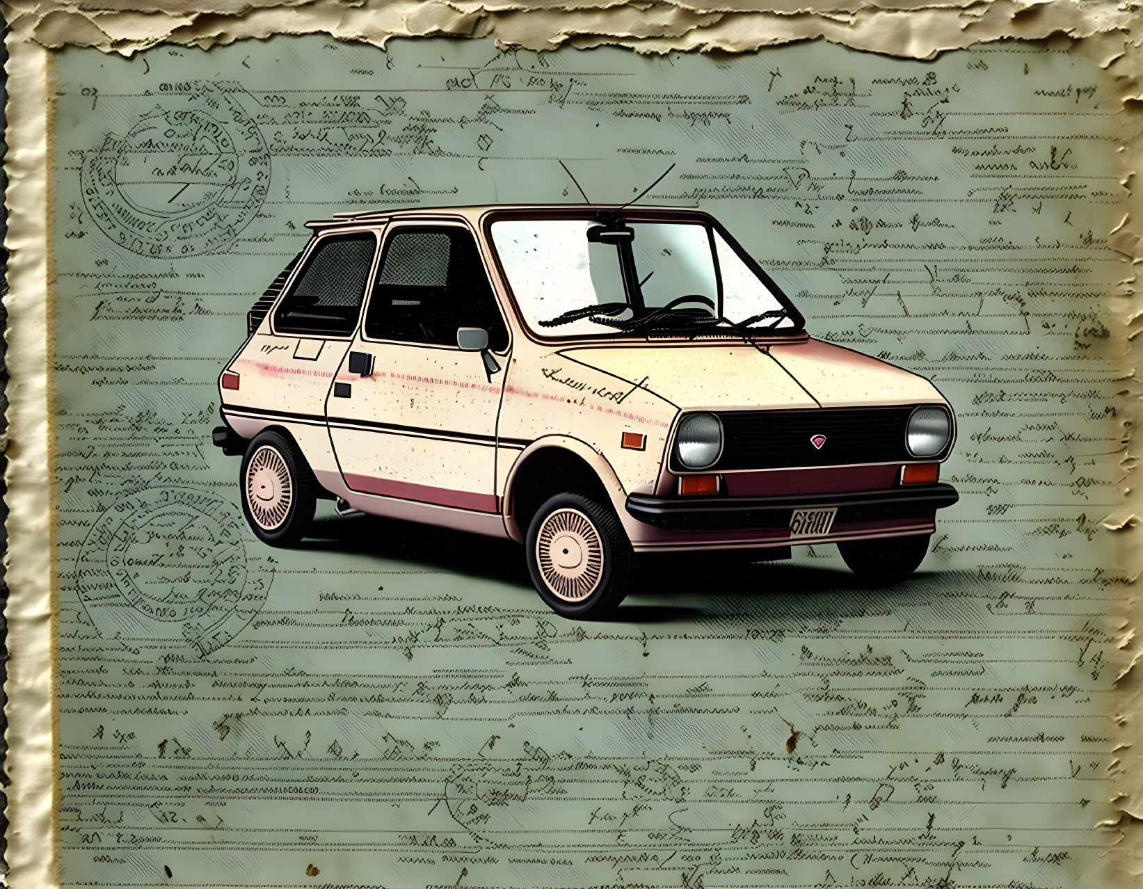 Classic Compact Car Illustration with Two-Tone Paint on Handwritten Notes Background