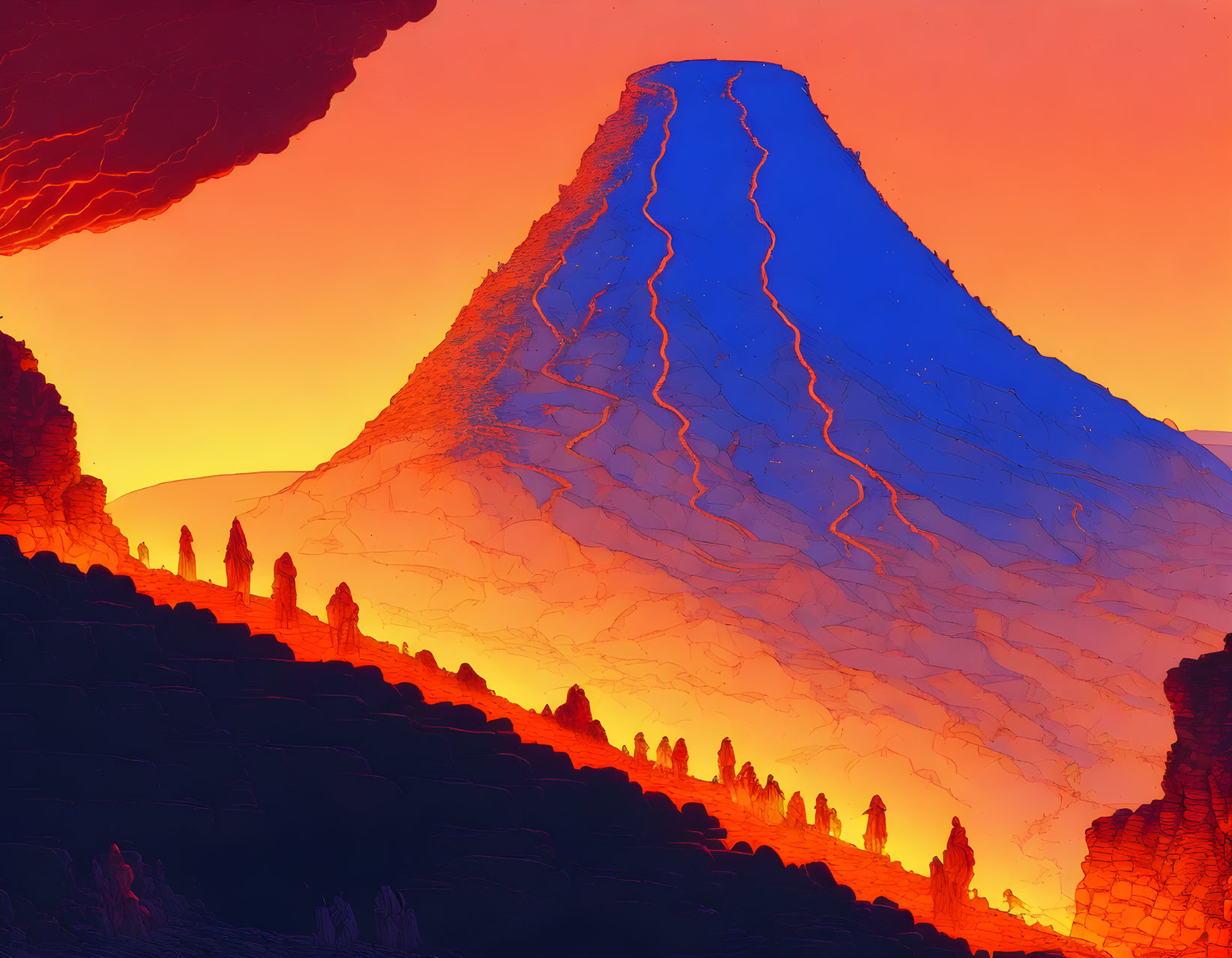 Vibrant digital artwork: Towering mountain with blue lines in orange and red sky.