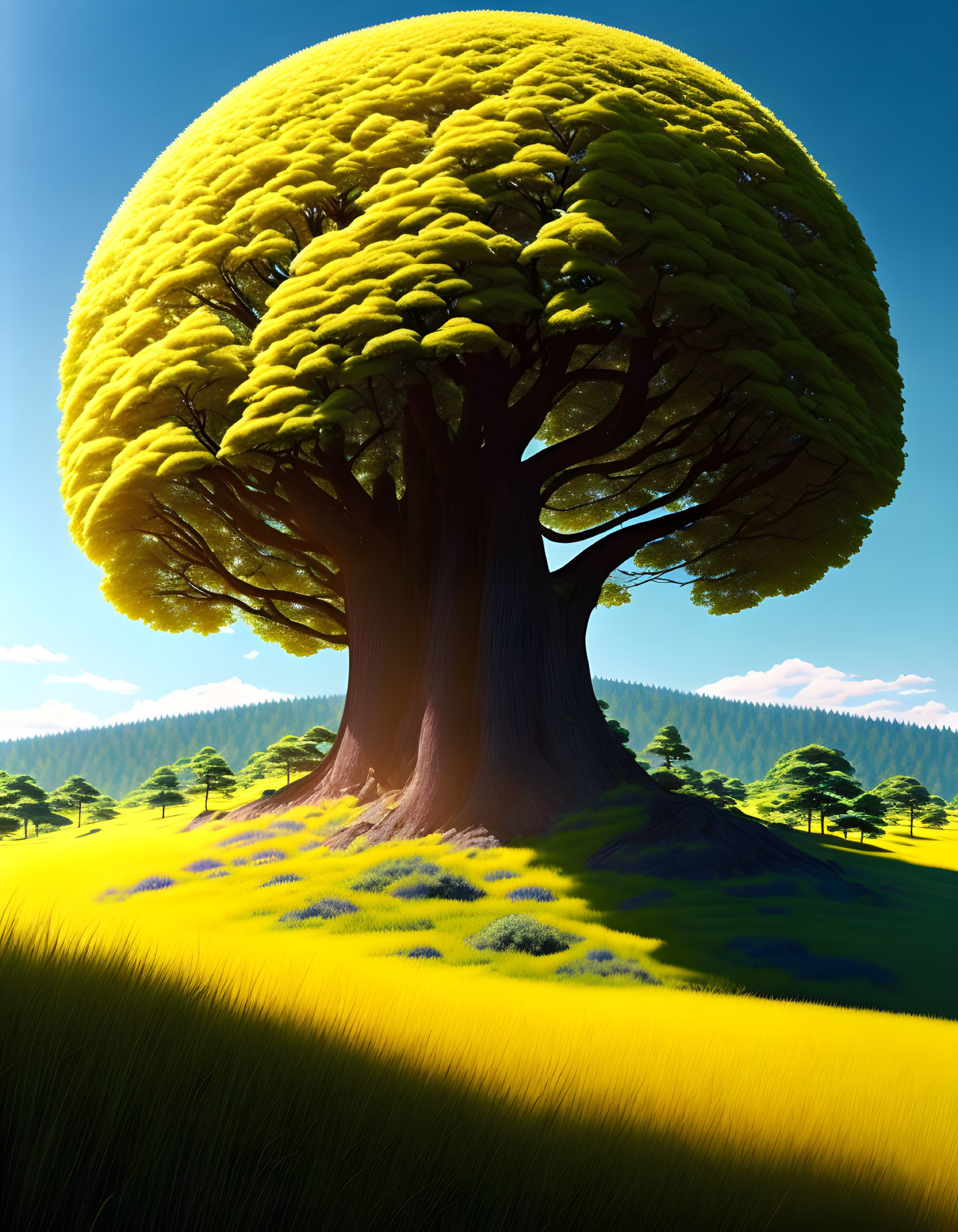 Giant yellow canopy tree in lush landscape under blue sky