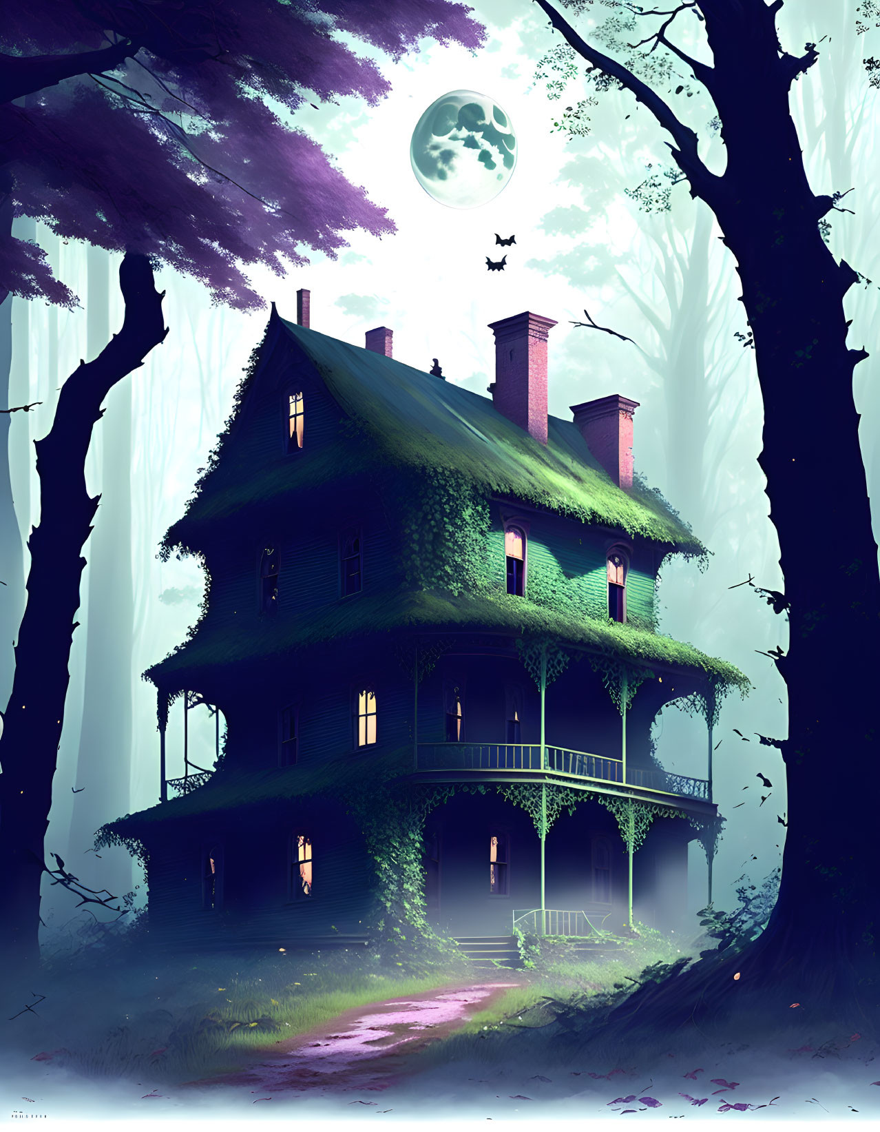 Moss-Covered House in Foggy Forest with Bats and Full Moon