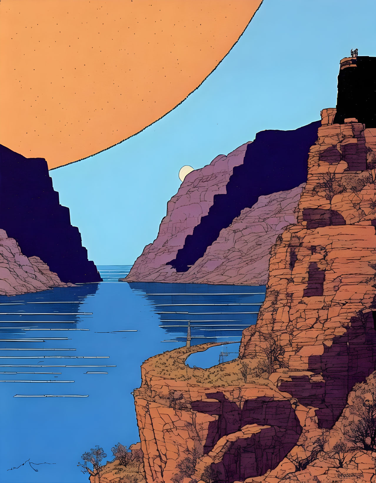 Canyon landscape with river, cliffs, orange sun, and white moon