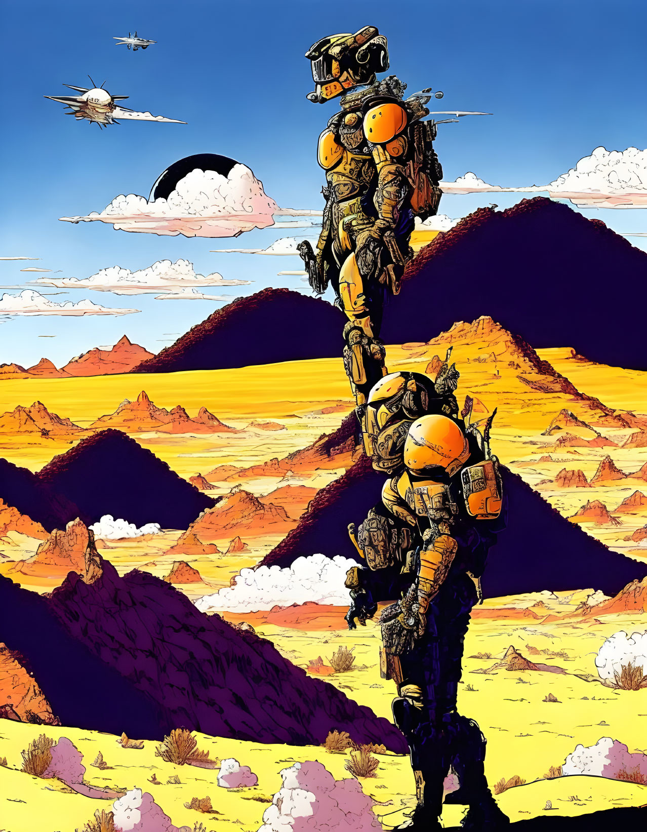 Astronauts in bulky suits in desert-like landscape with spacecraft flying overhead