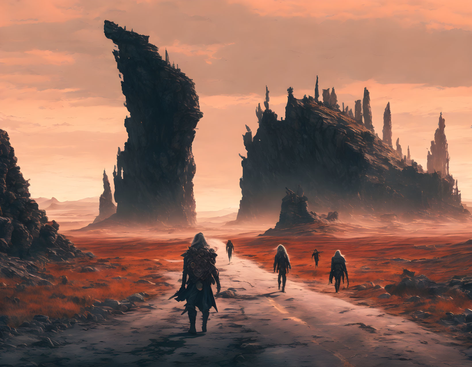 Travelers trek through desolate landscape with towering rock formations under reddish sky