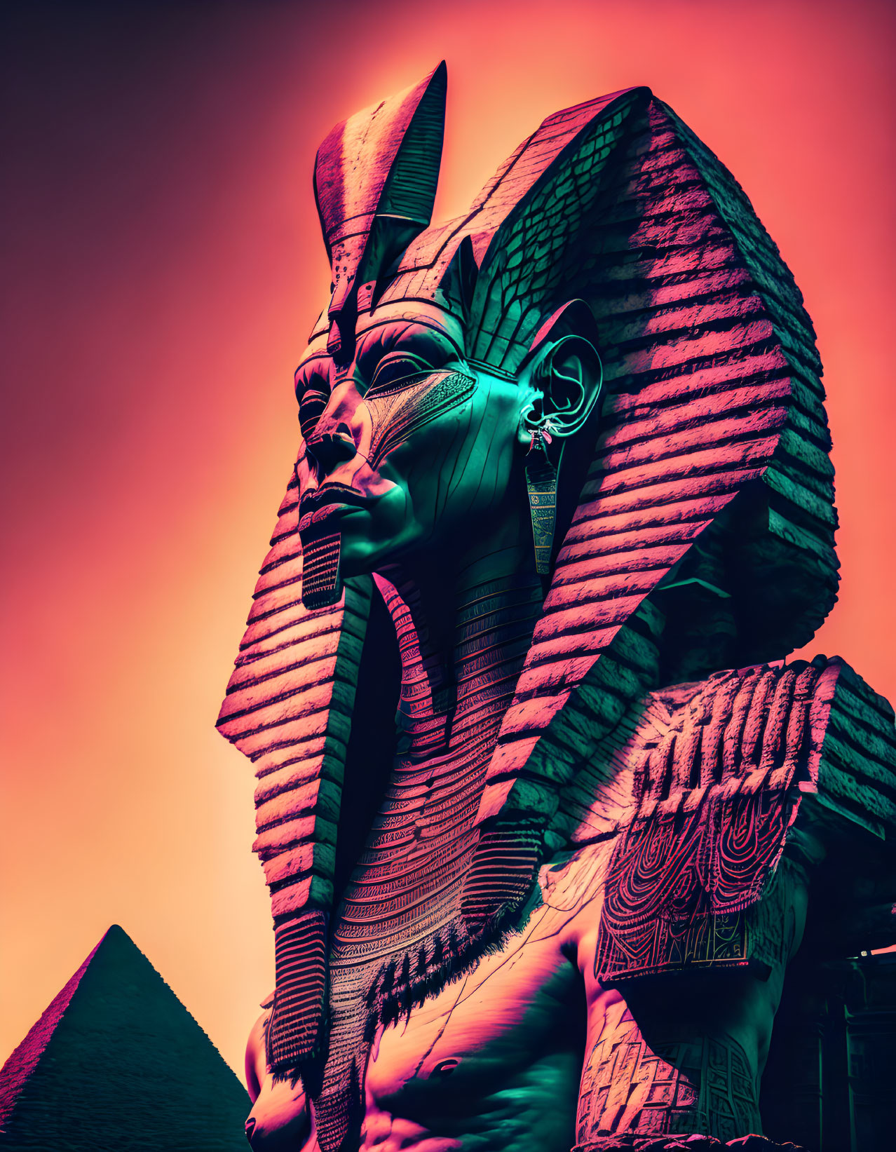 Vibrant pink and purple filtered photo of Egyptian sphinx sculpture against blank sky