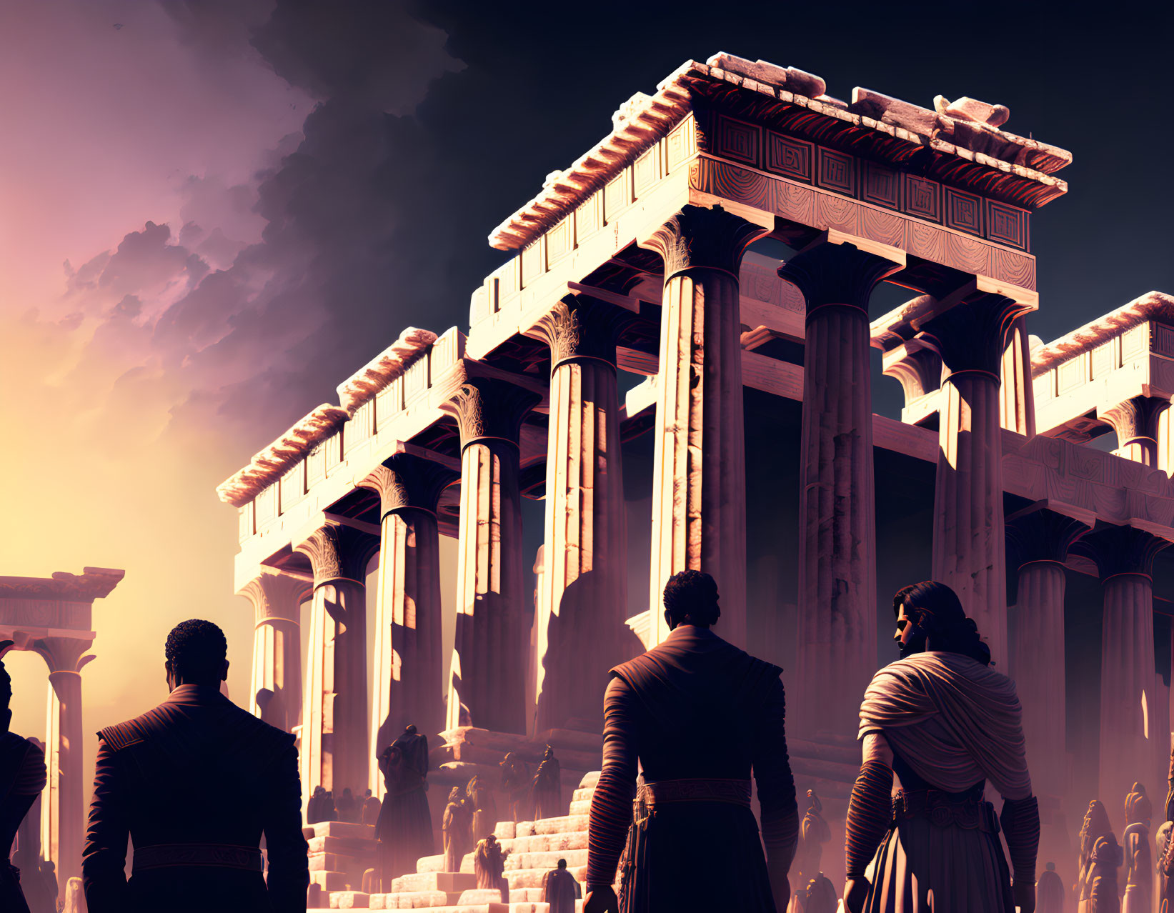 Ancient Greek-themed artwork featuring three figures and a grand temple under a purple sky