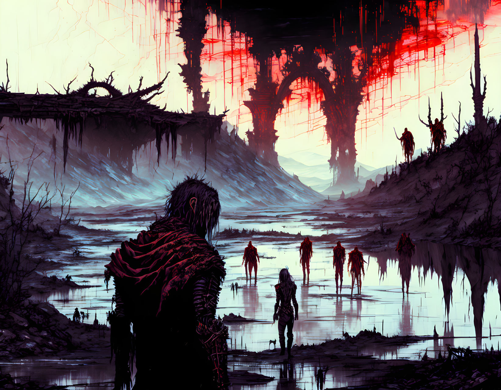 Dystopian landscape with lone figure and red skies