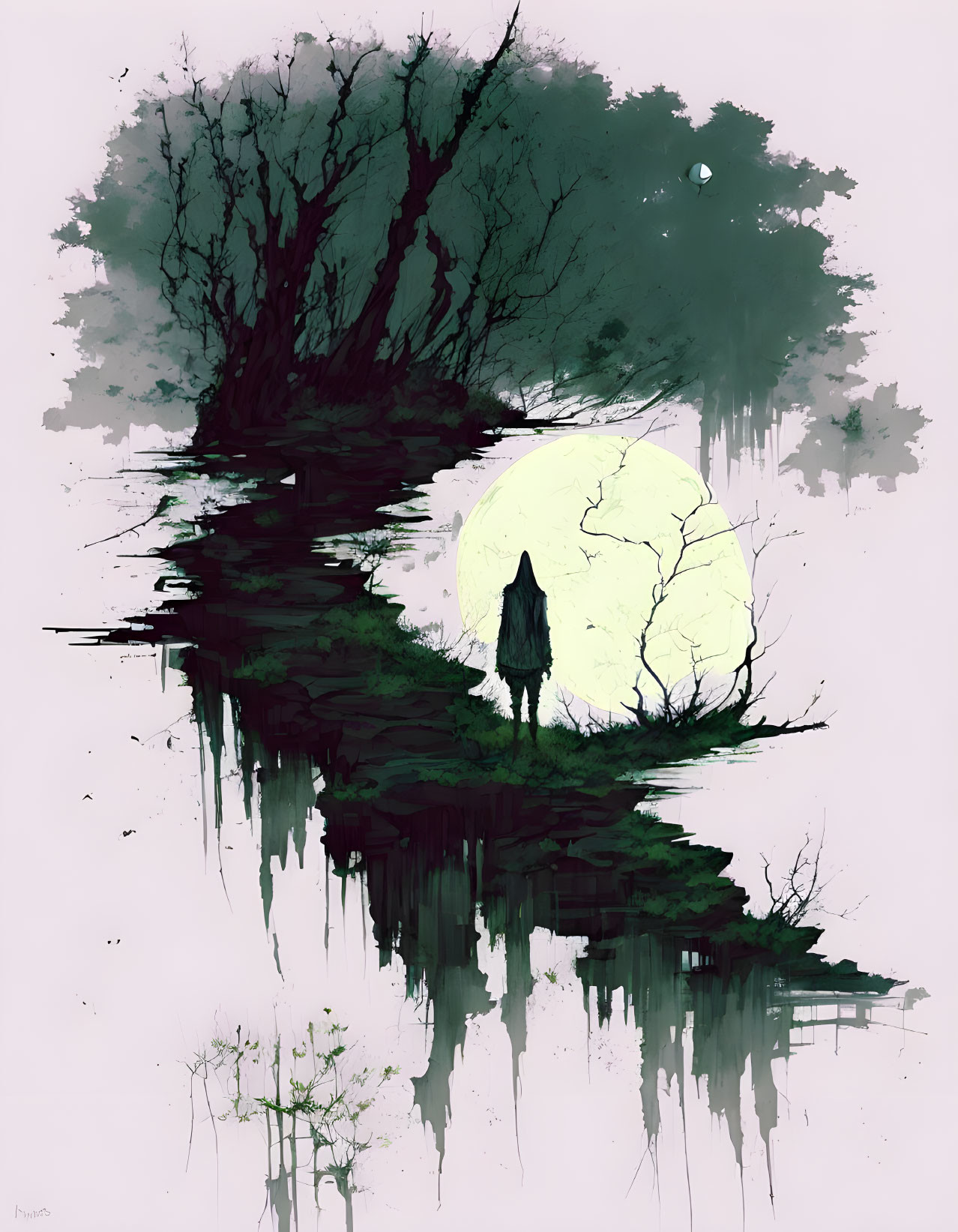 Mysterious figure under full moon in misty forest landscape