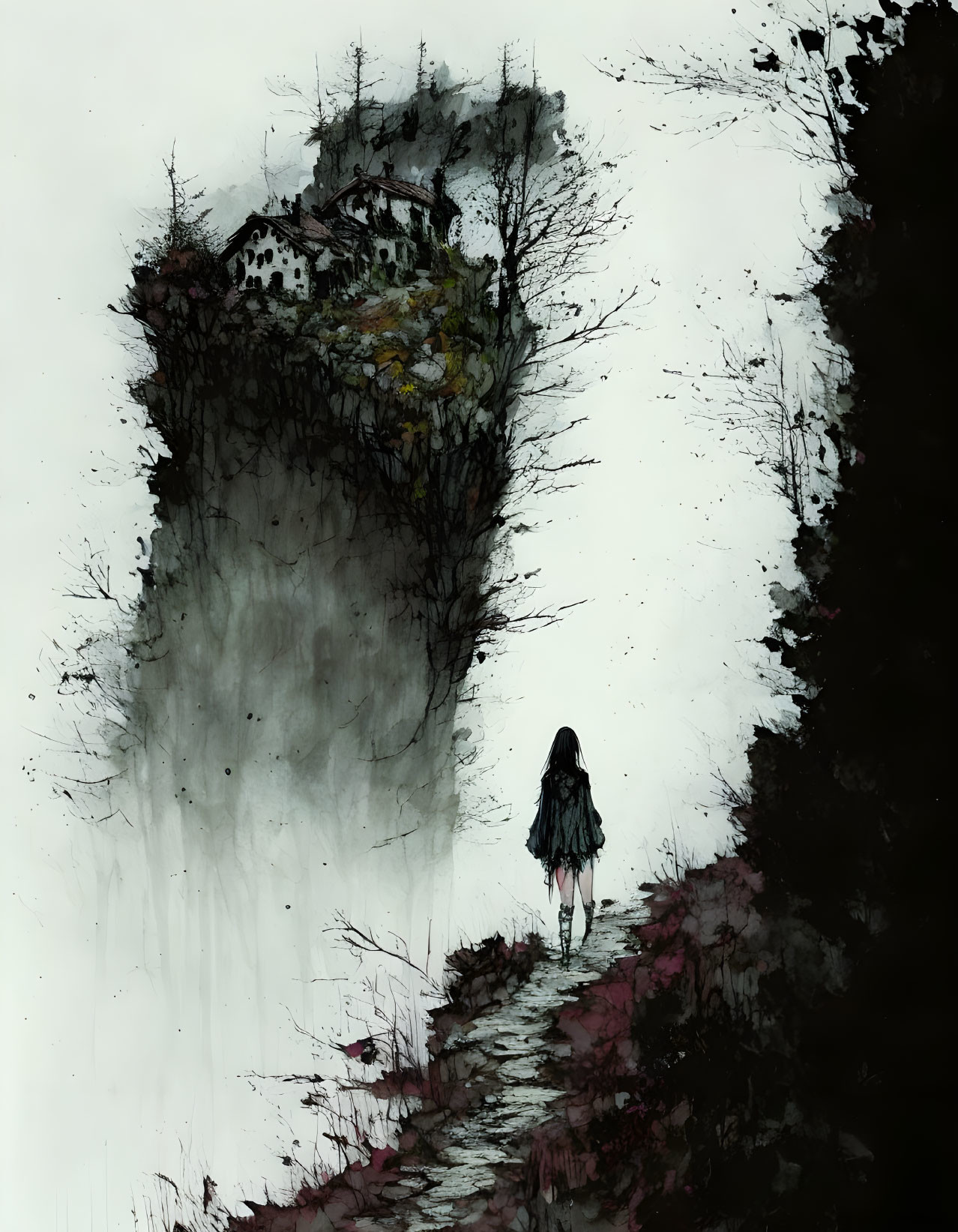 Person walking to cliff with houses in foggy watercolor landscape