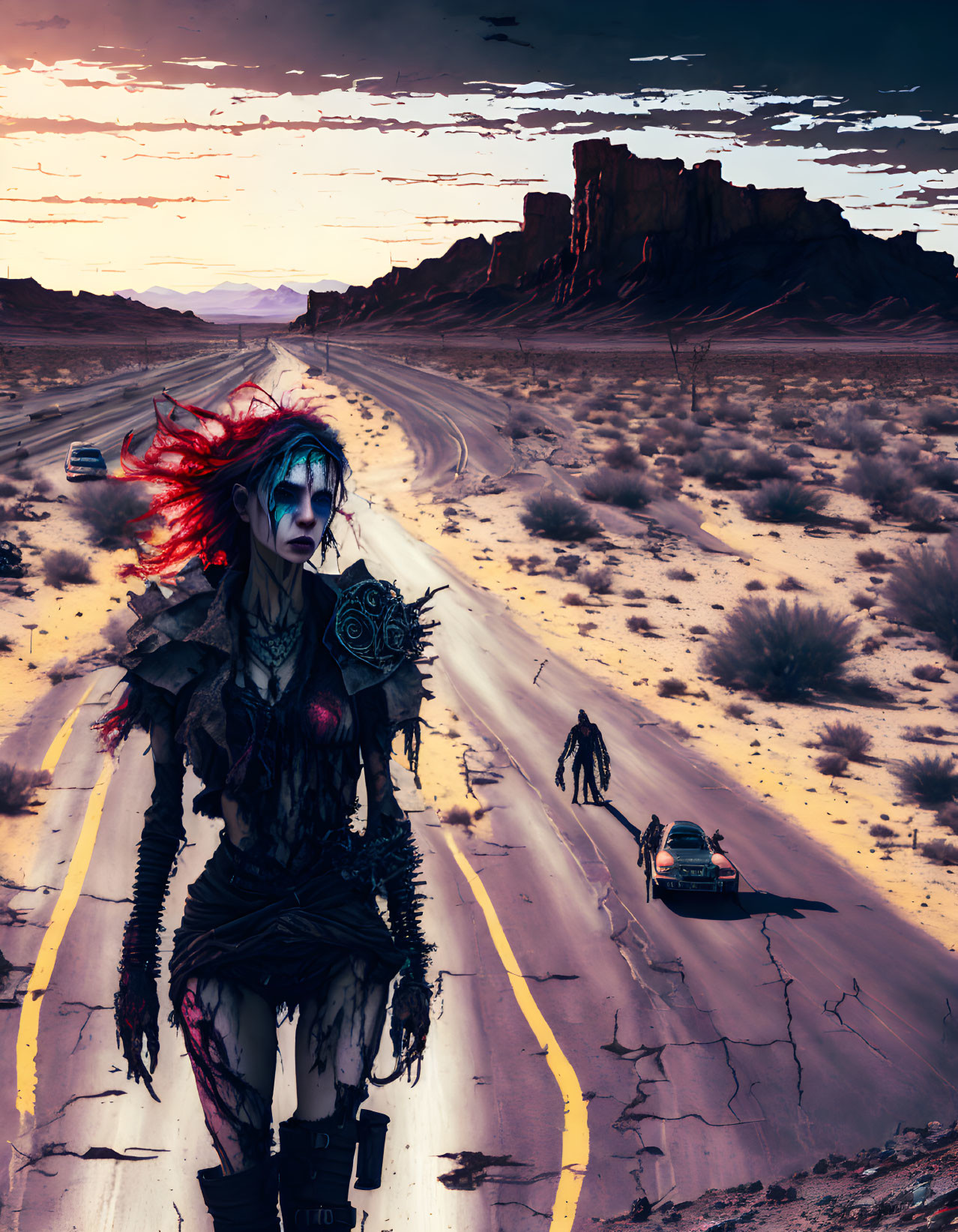 Warrior woman in post-apocalyptic setting on deserted highway amid wreckage and stormy sky