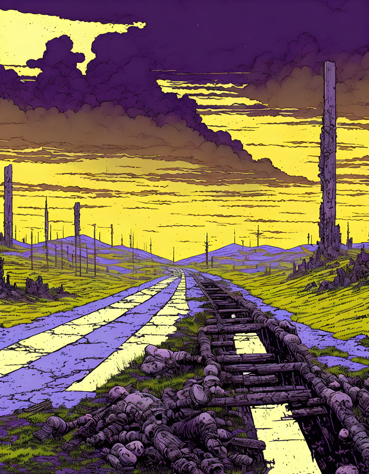 Desolate landscape with damaged railroad in purple sky.