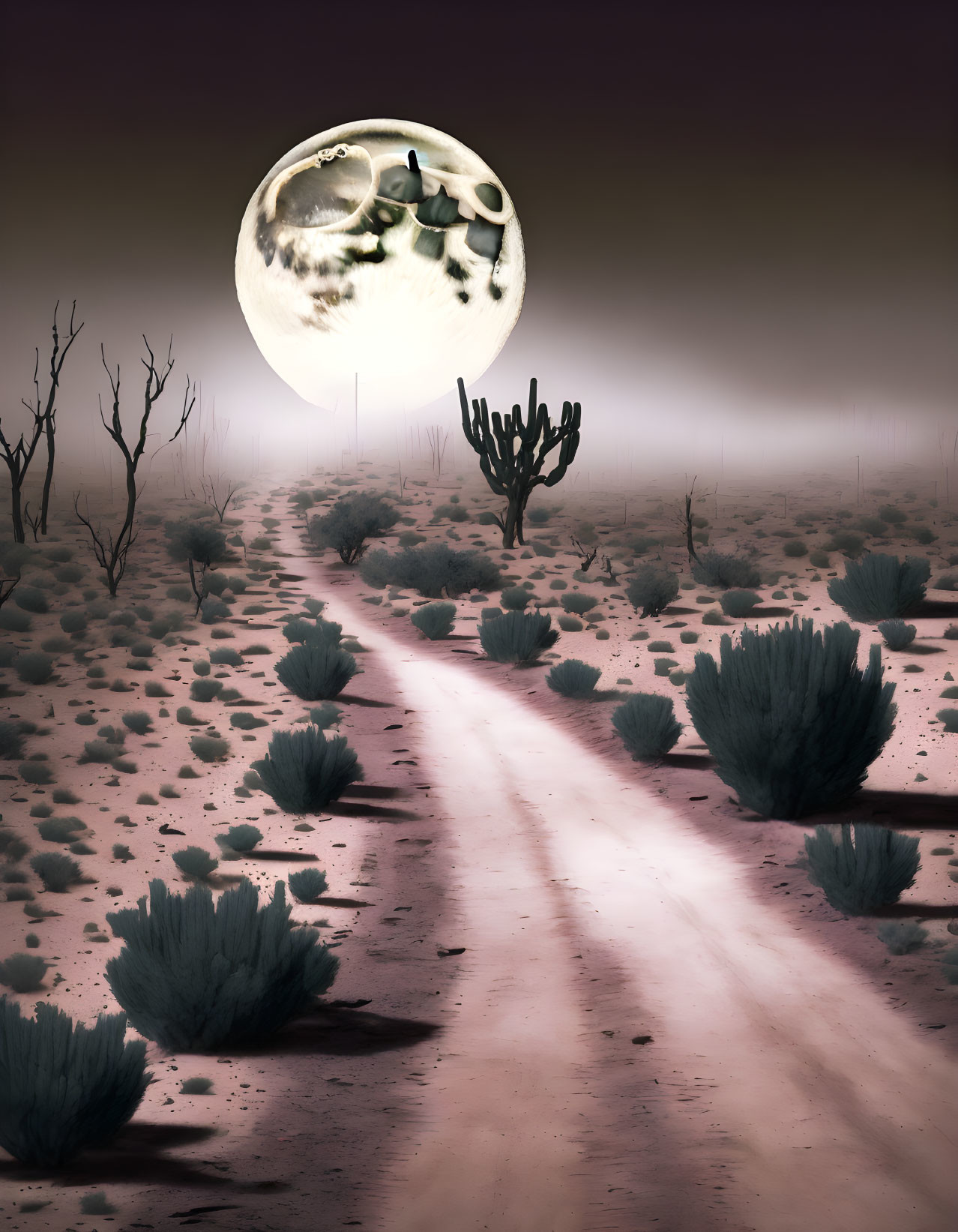 Desolate desert landscape at night with detailed moon, dirt path, sparse vegetation.