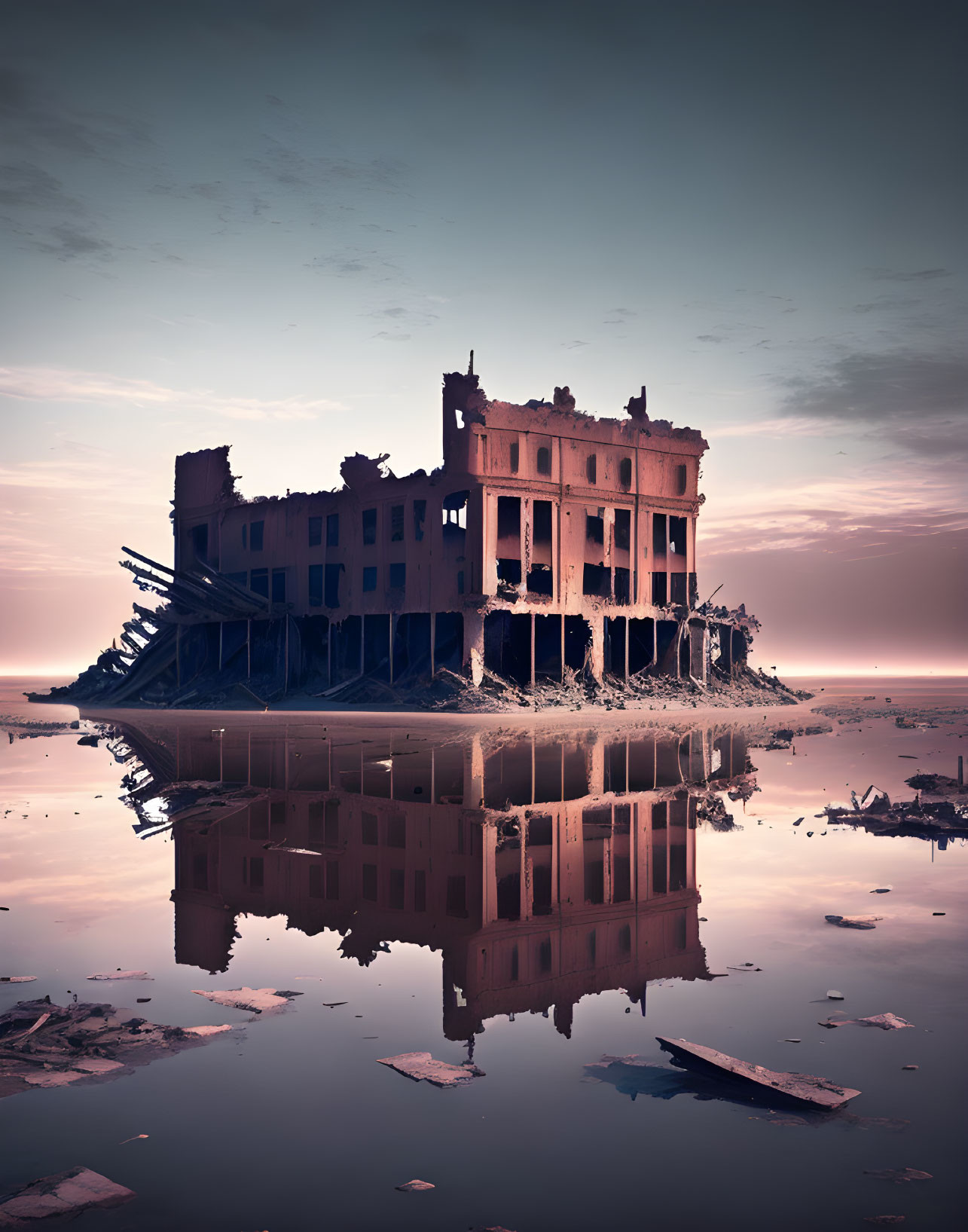 Abandoned building reflecting on water at dusk with debris under gradient sky