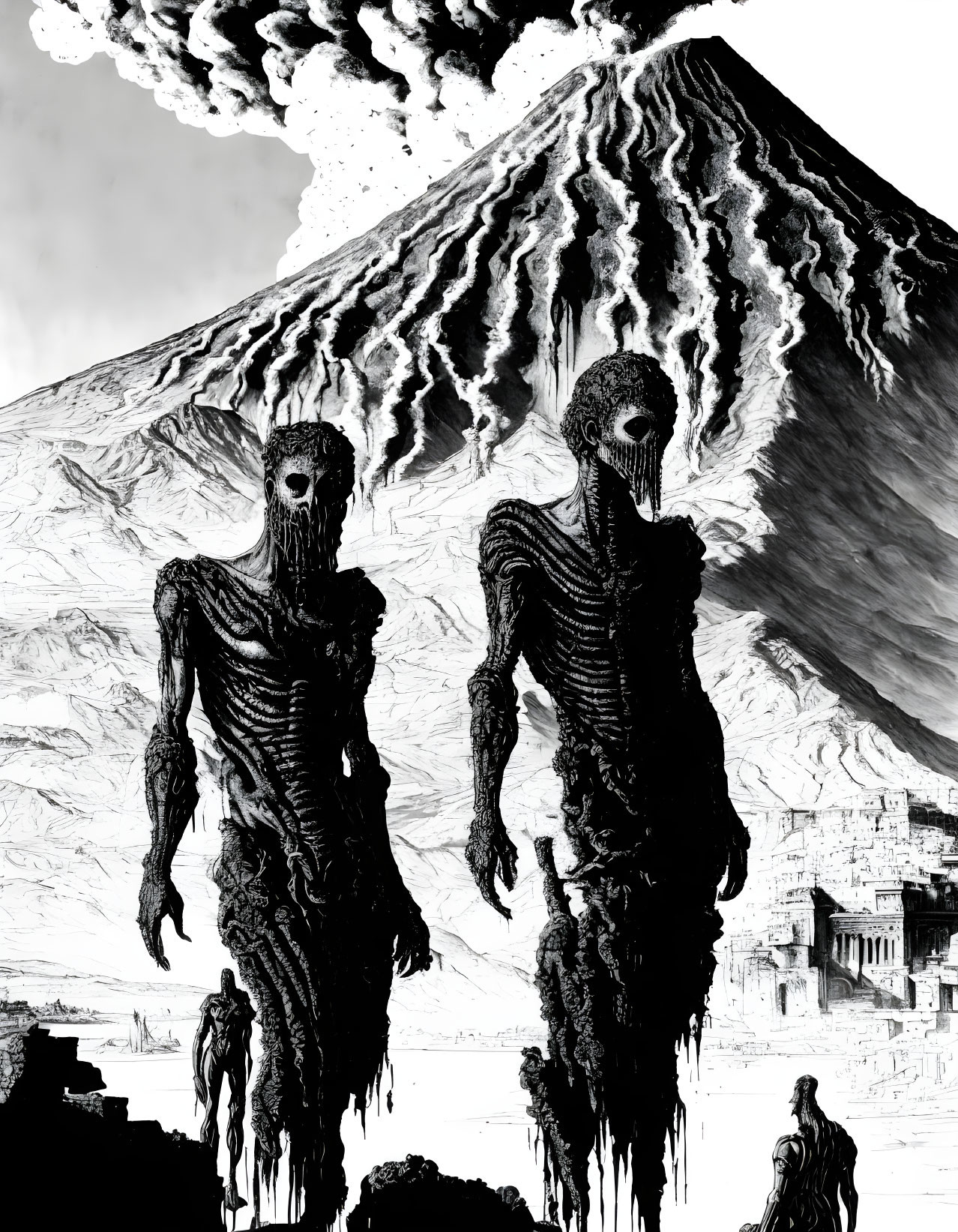 Monochrome illustration of skeletal figures in a volcanic landscape