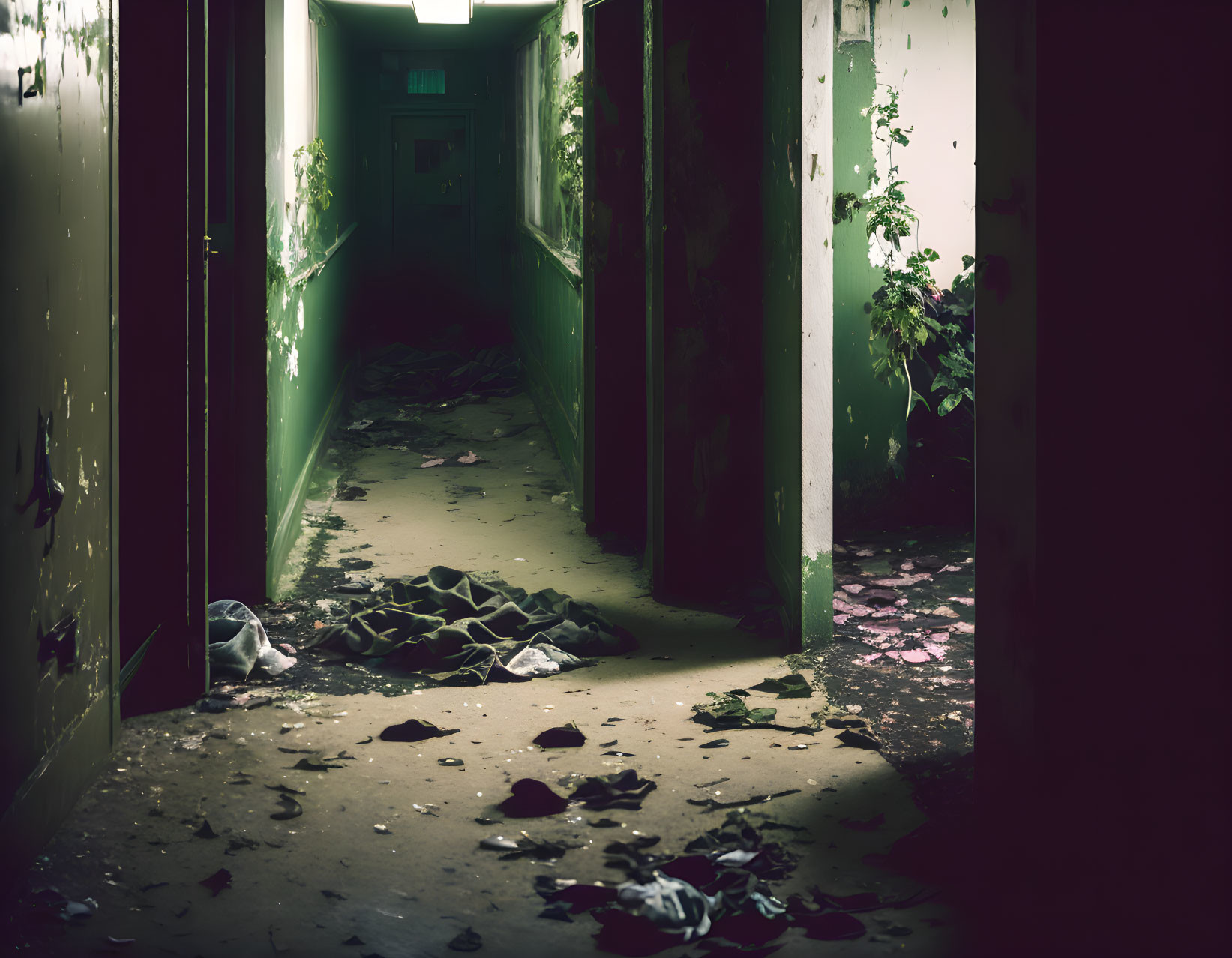 Abandoned corridor with overgrown plants and debris.