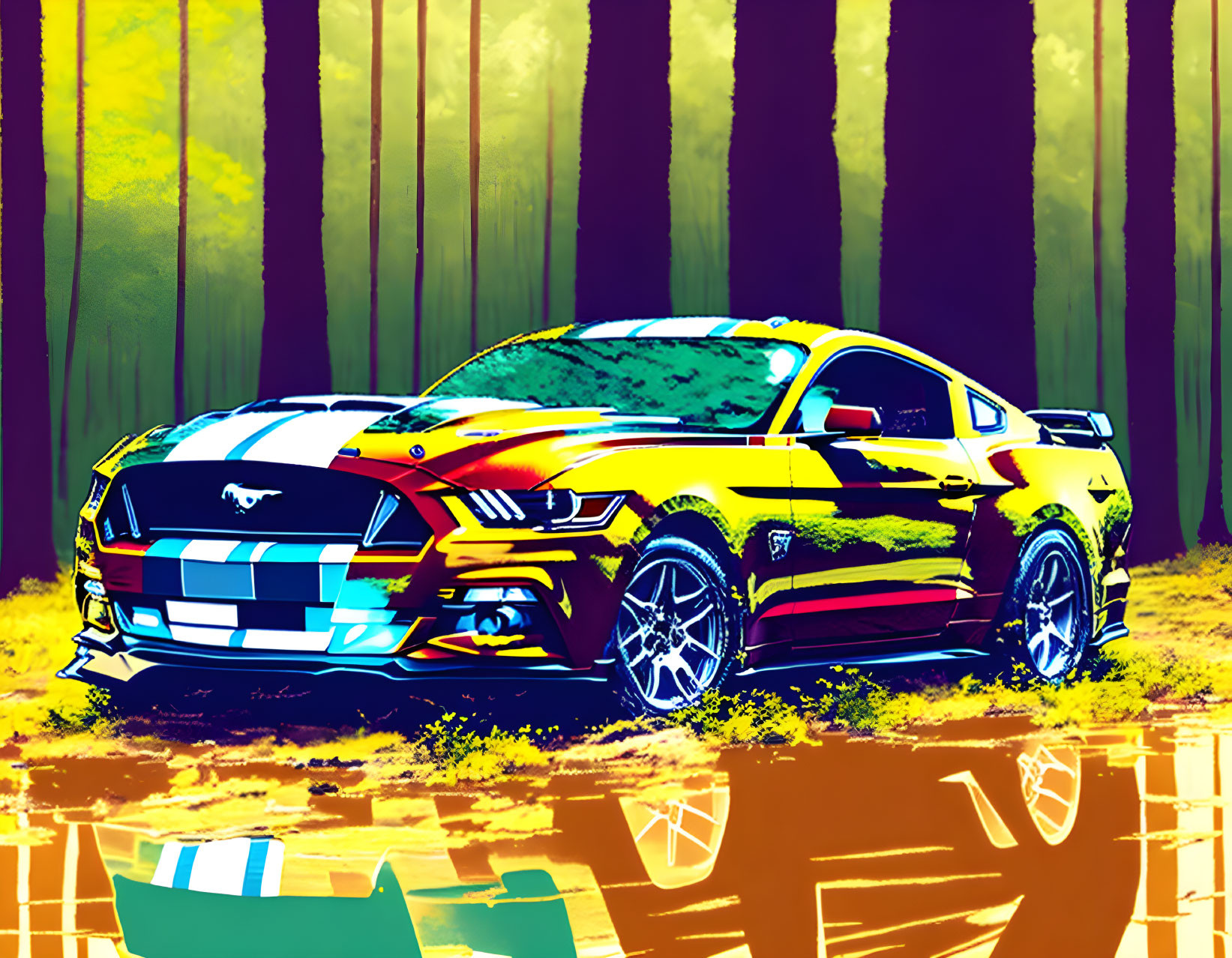 Yellow Ford Mustang with blue racing stripes in colorful forest scene.