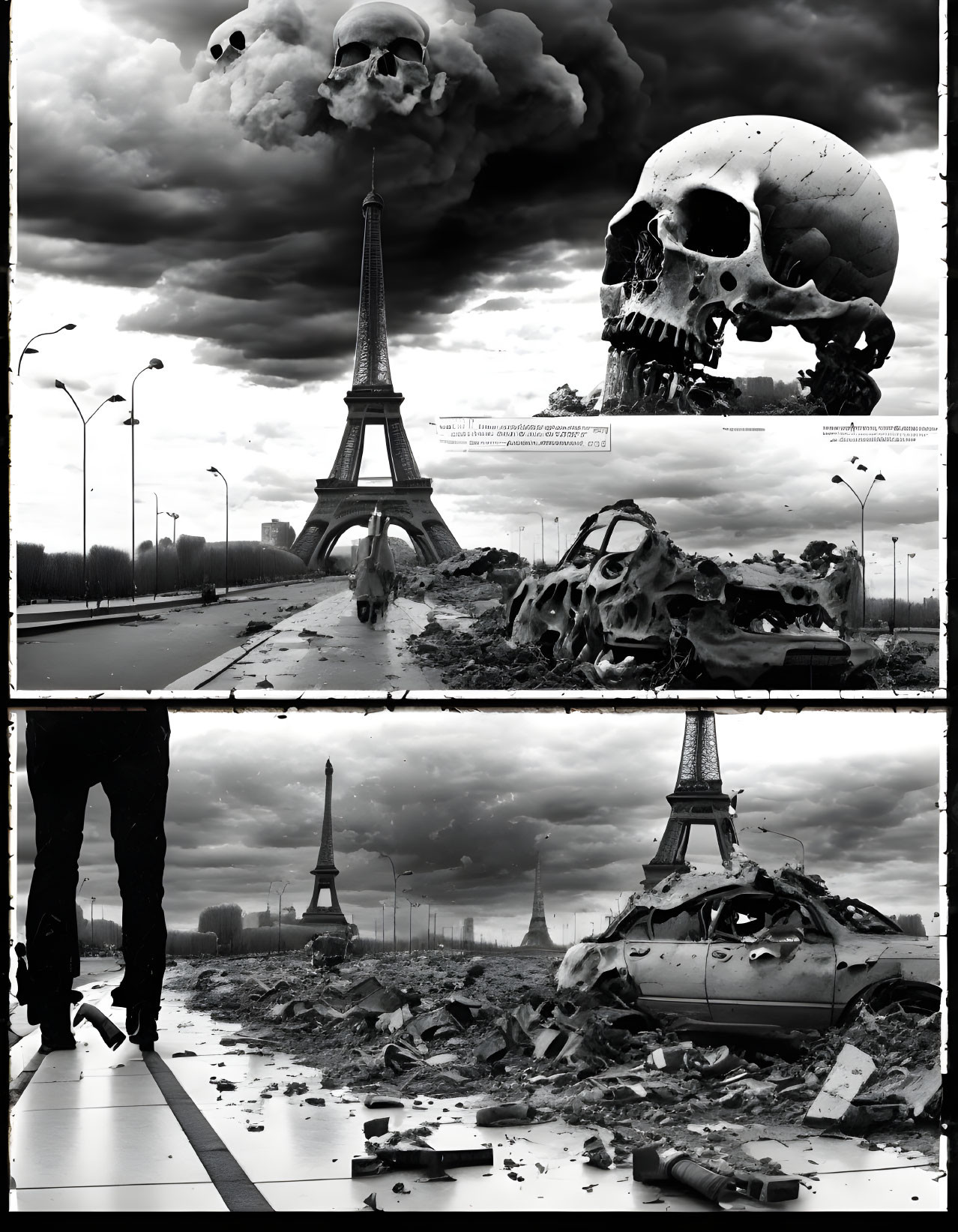 Grayscale comic panel: Post-apocalyptic scene with skull cloud, damaged Eiffel Tower, person