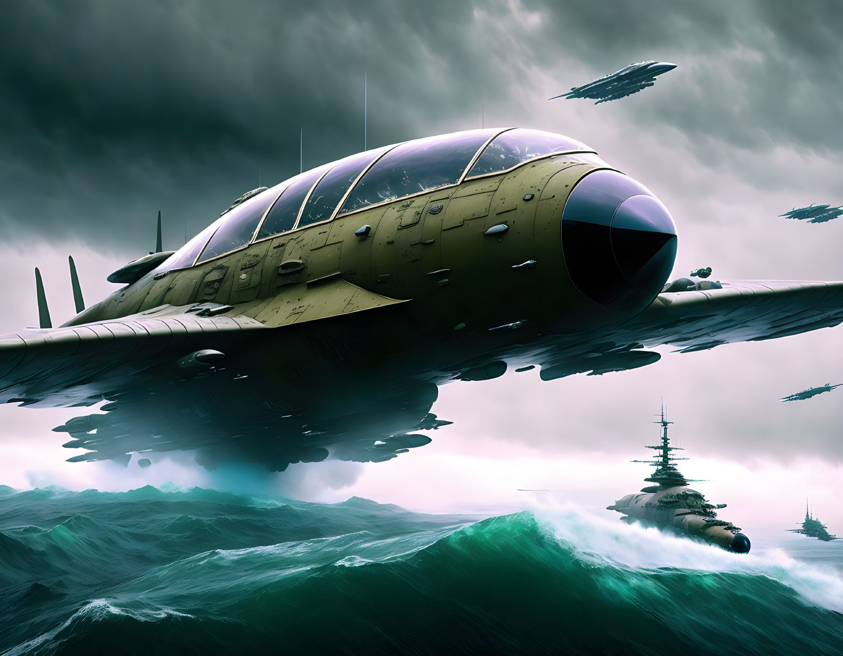 Futuristic submarine surfacing in stormy seas with aircraft and battleships.