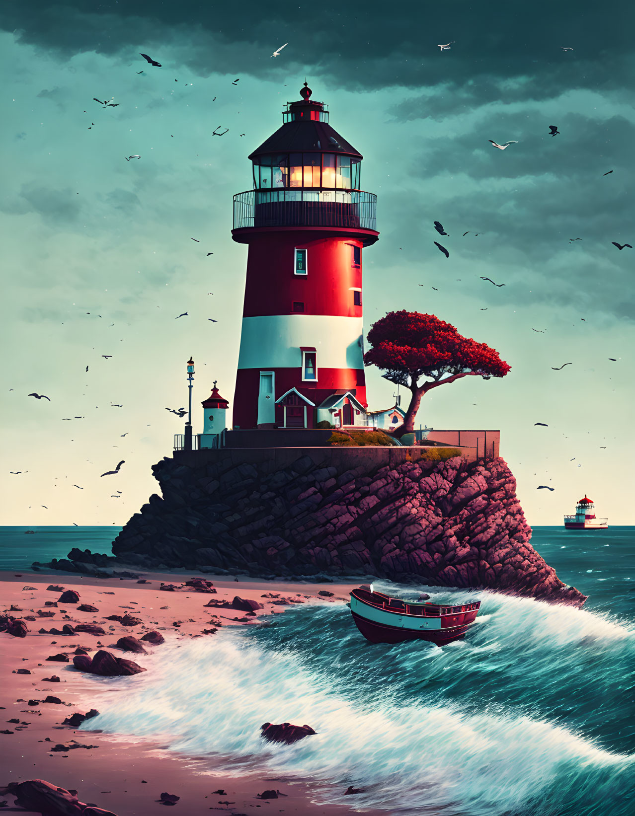 Illustration of red and white lighthouse on cliff with boat, birds, and tree by teal sea