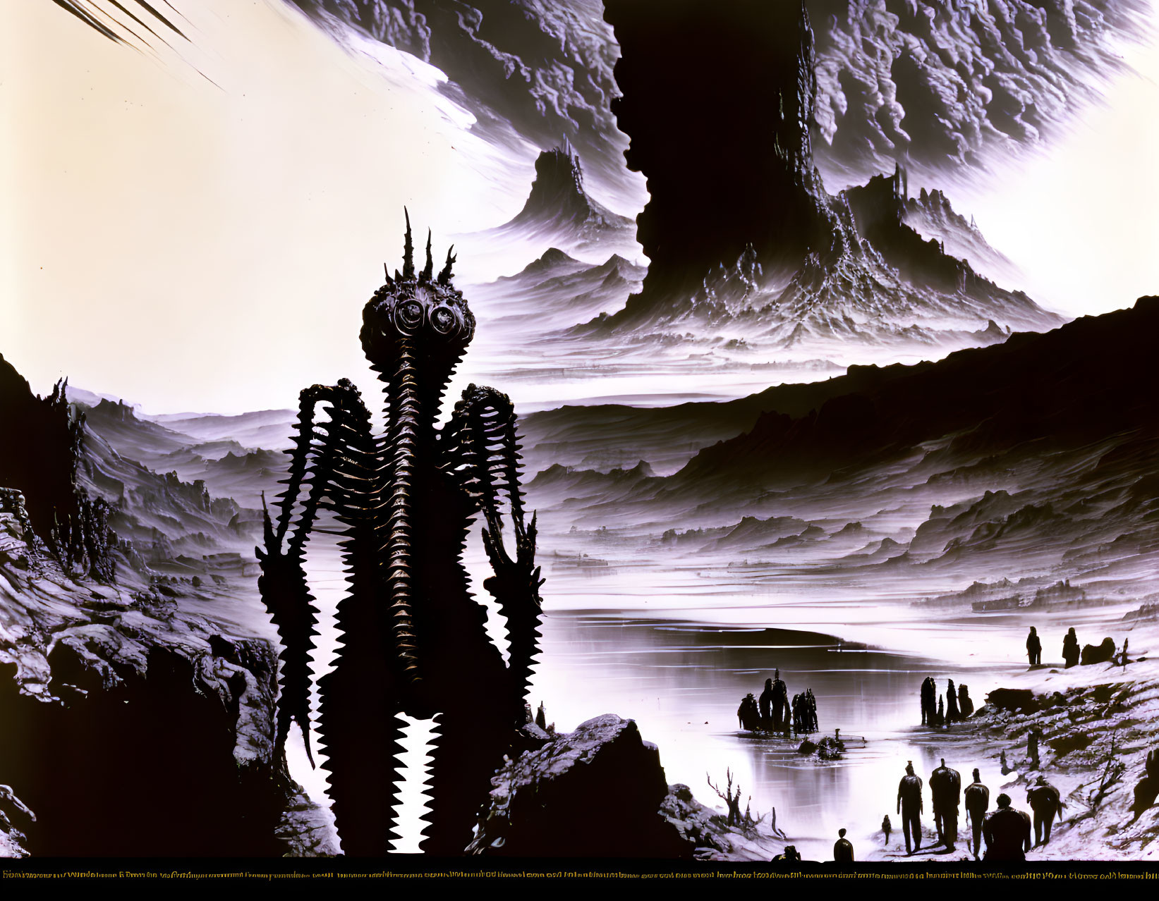 Monochrome sci-fi artwork: towering alien, small figures, dramatic landscape