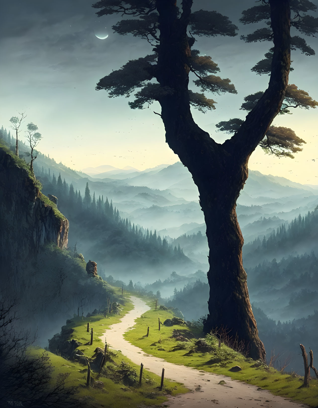 Tranquil dusk landscape with winding path through forested valley