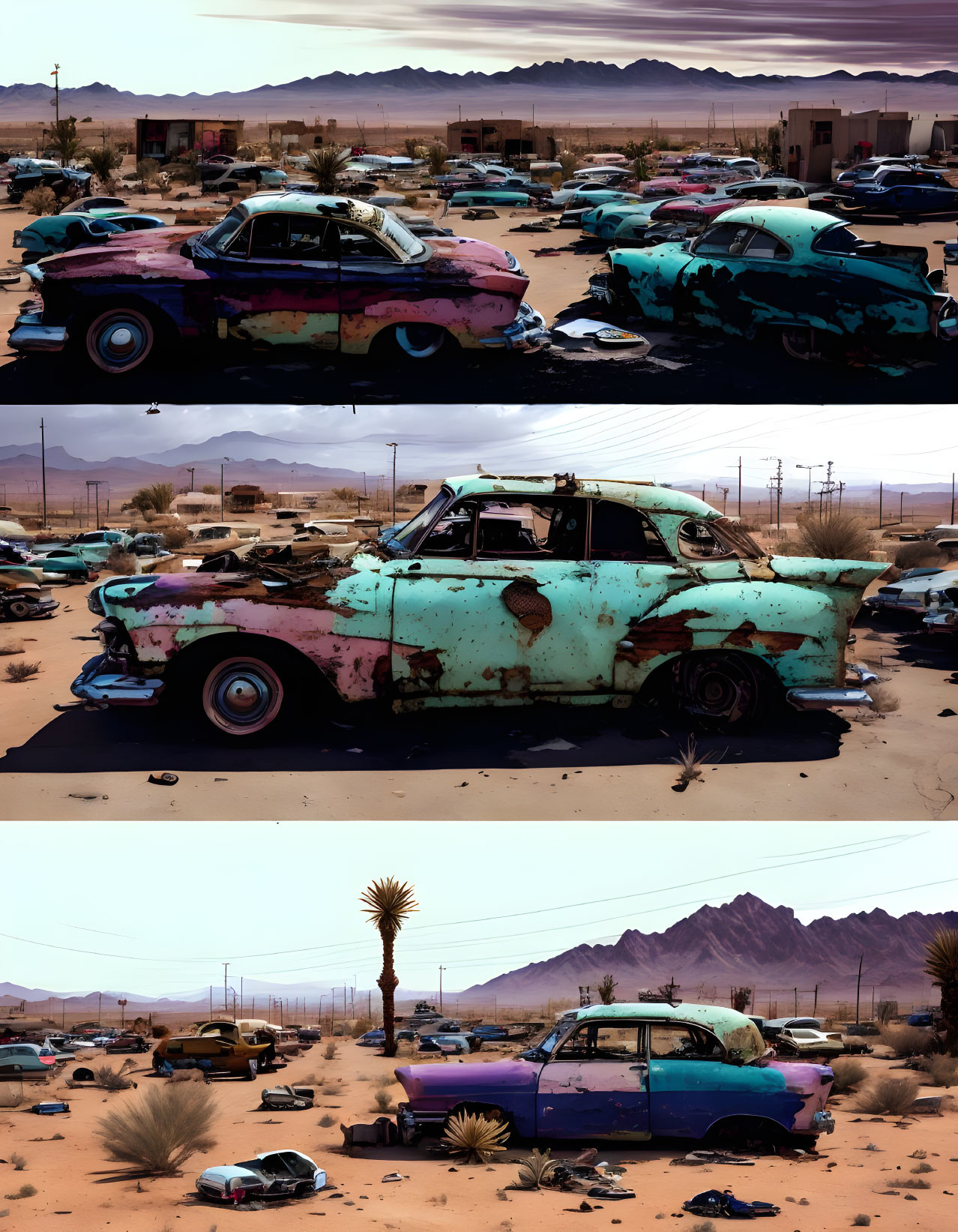 Rusting colorful old cars in desert landscape with mountains.