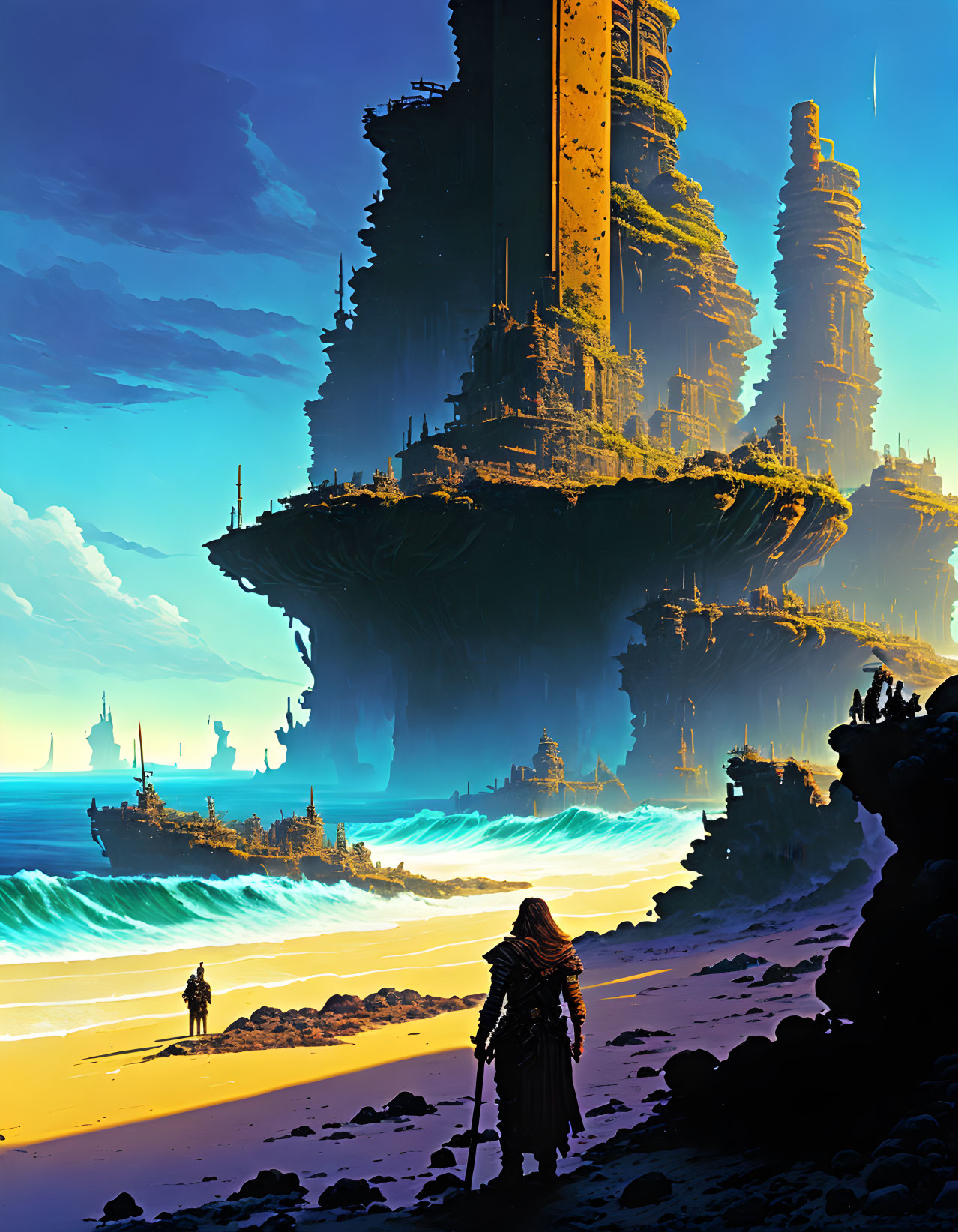 Person on sandy beach looks at futuristic towers on rocky outcrop above sea with ships and another figure.