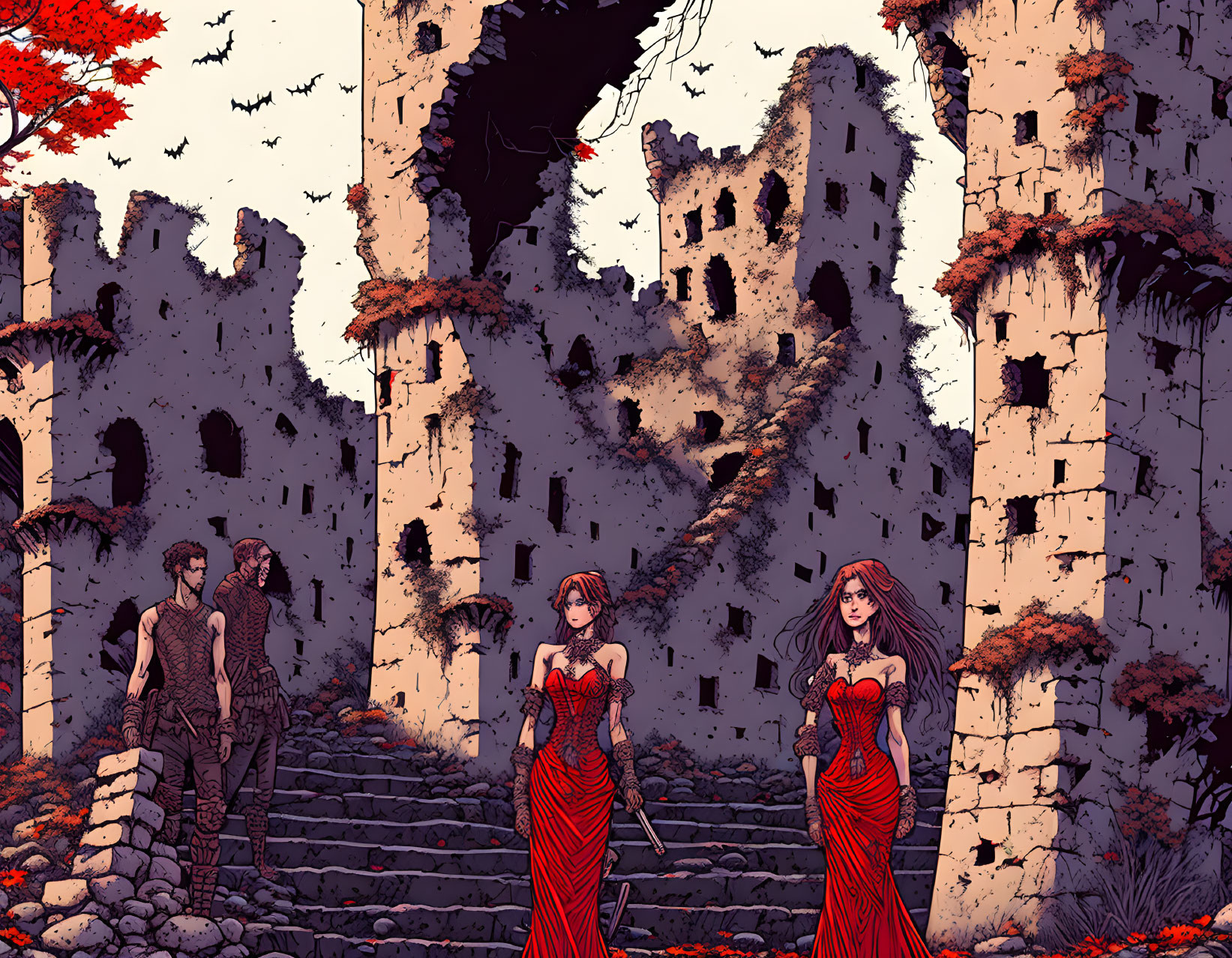 Four individuals in gothic setting with red accents among castle ruins and autumn leaves.