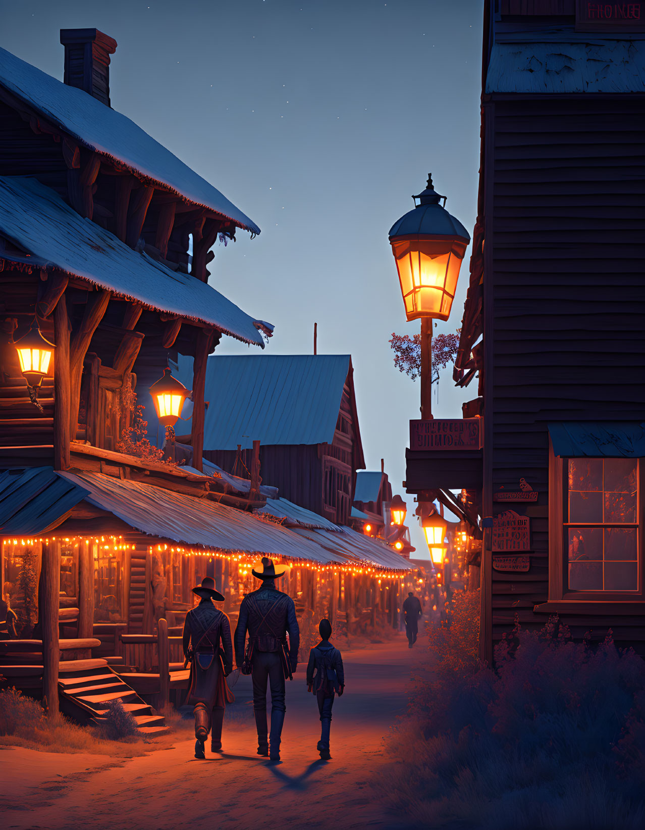 Snow-covered village with two individuals walking at dusk