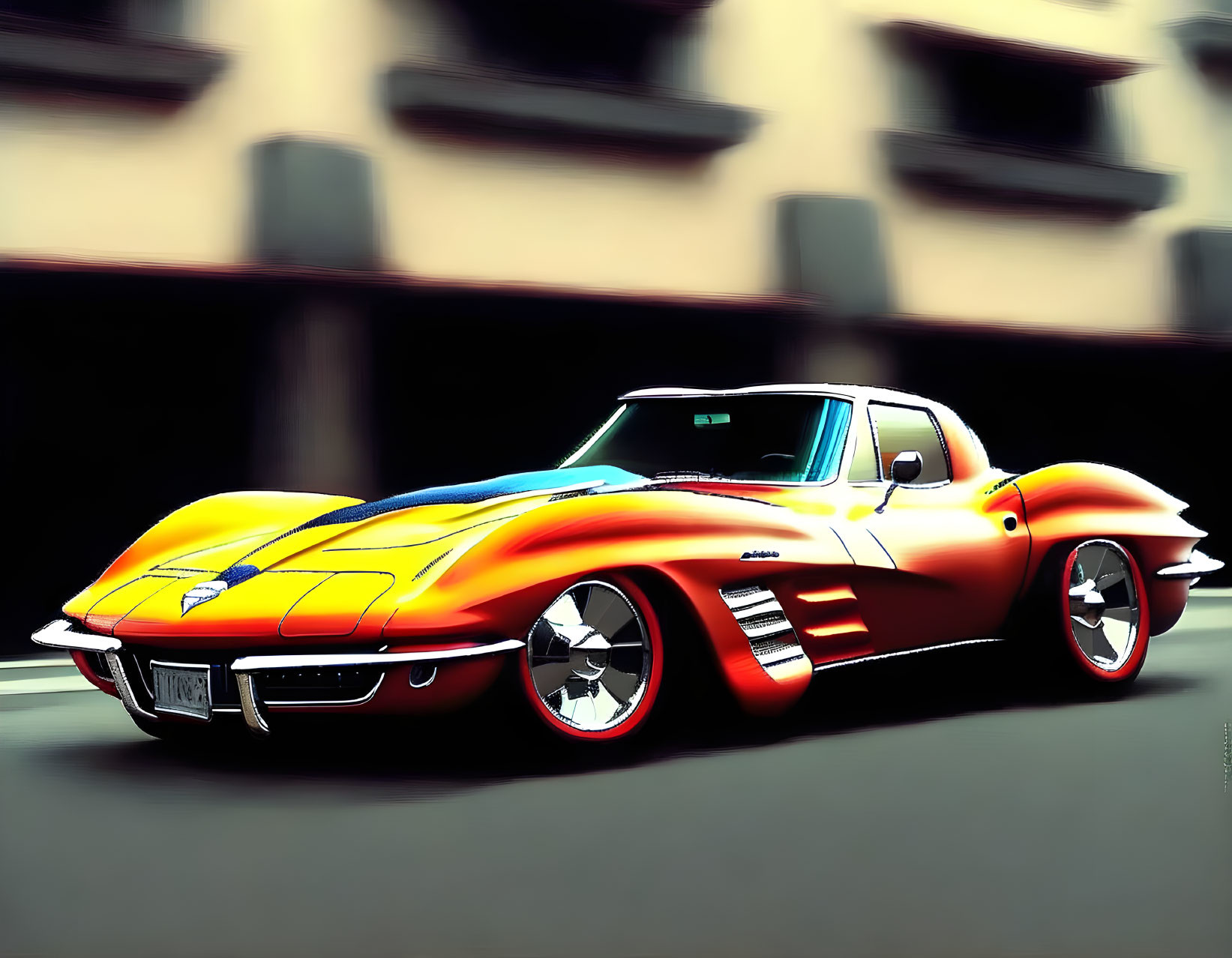 Vintage Chevrolet Corvette with vibrant flame paint job and chrome rims